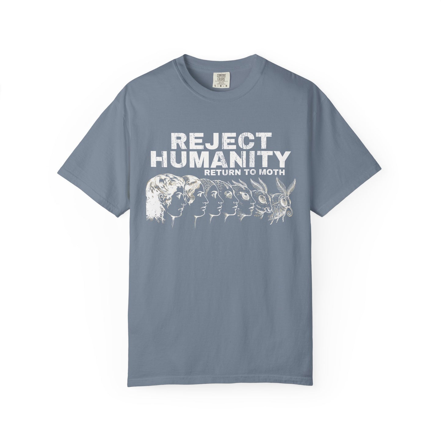 Blue t-shirt with funny moth meme graphic and “Reject Humanity Return to Moth” slogan on a white background