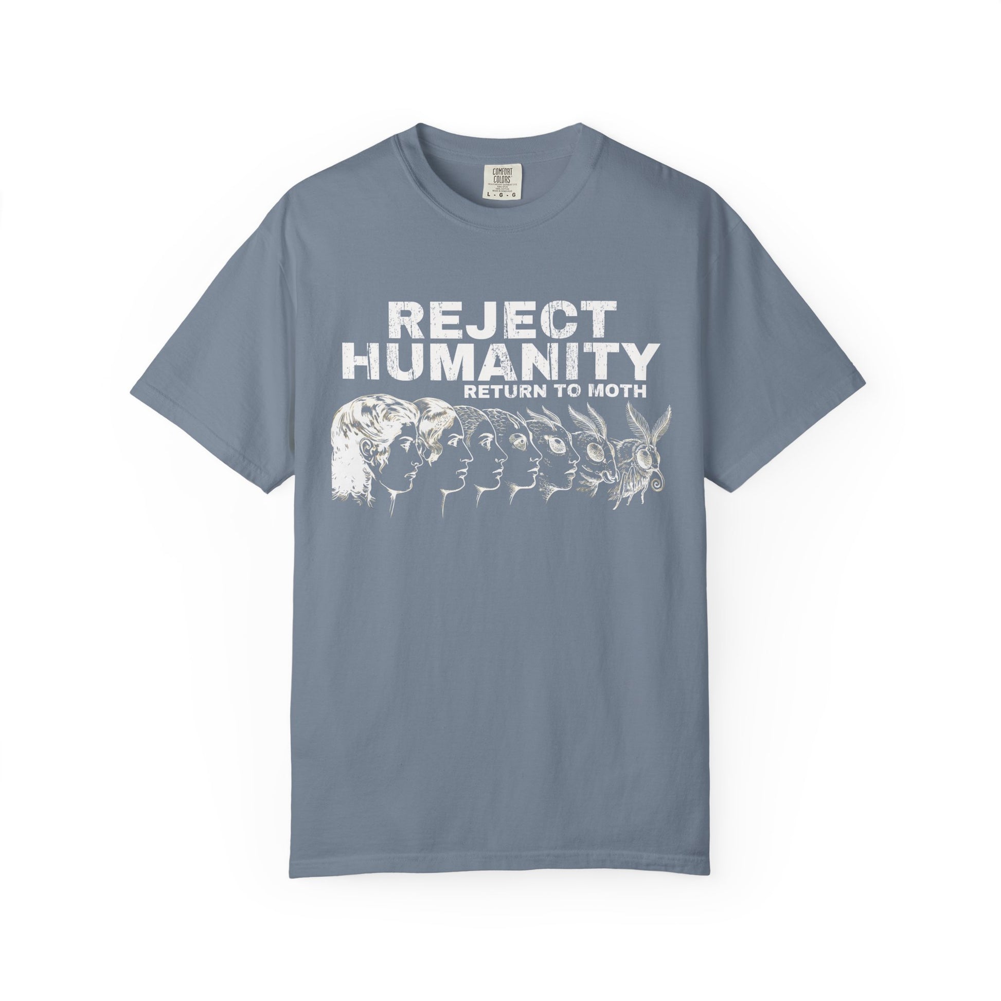 Blue t-shirt with funny moth meme graphic and “Reject Humanity Return to Moth” slogan on a white background