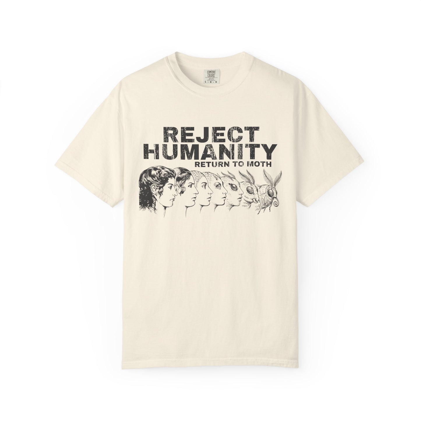 Beige t-shirt featuring funny moth meme graphic and “Reject Humanity Return to Moth” text on a white background