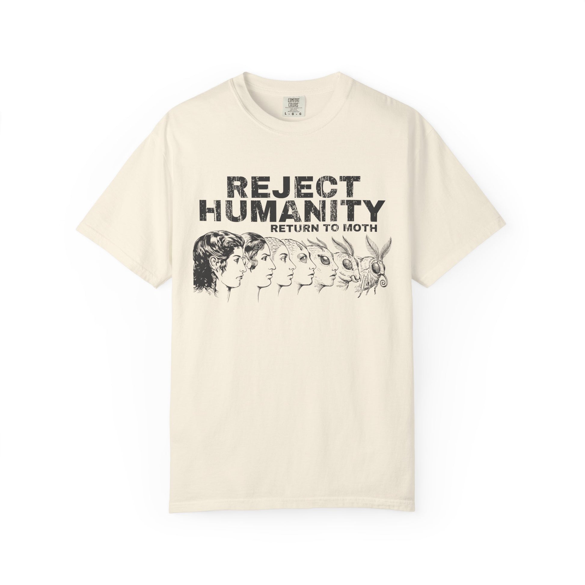 Beige t-shirt featuring funny moth meme graphic and “Reject Humanity Return to Moth” text on a white background