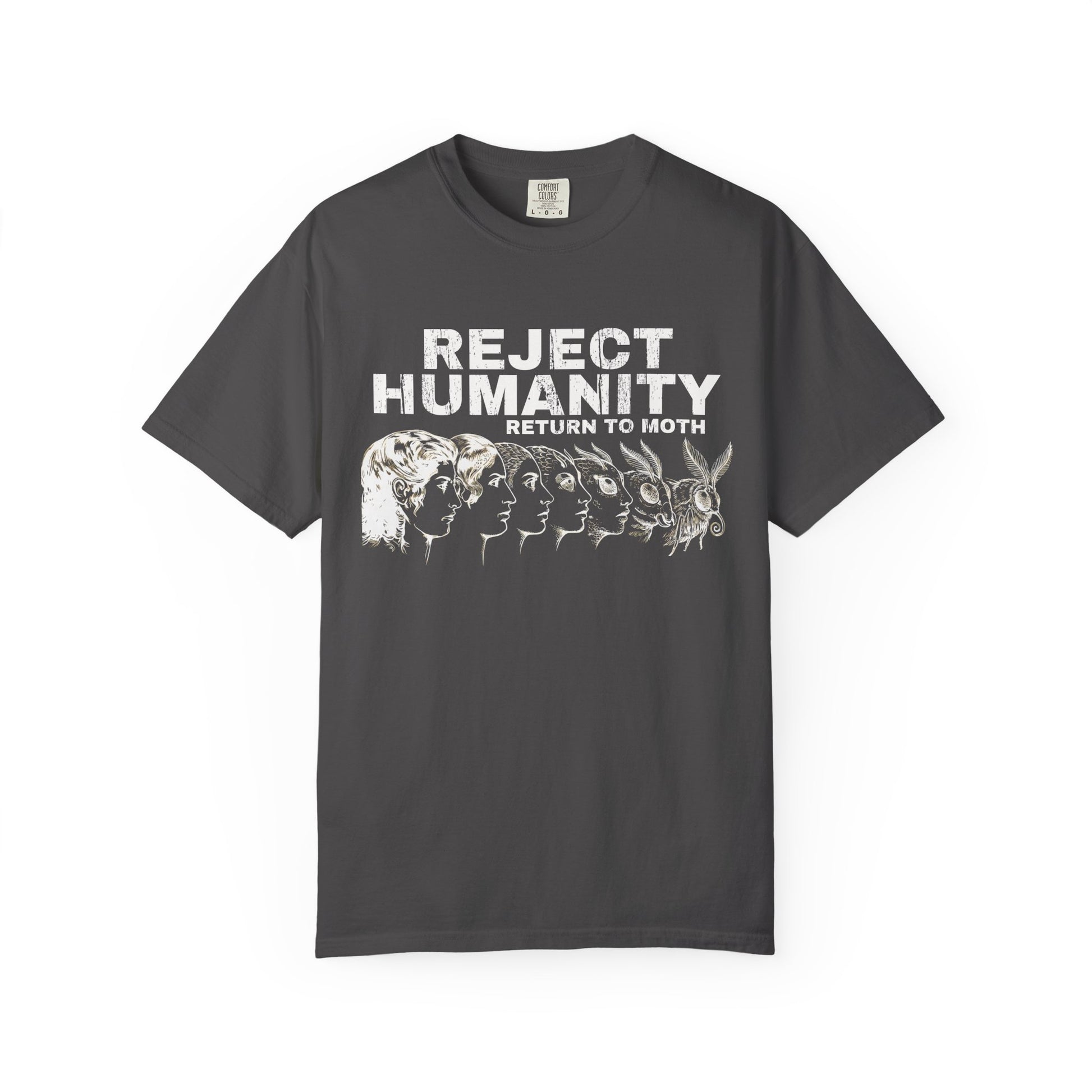 Gray funny moth shirt with meme text and evolution illustration on a white background