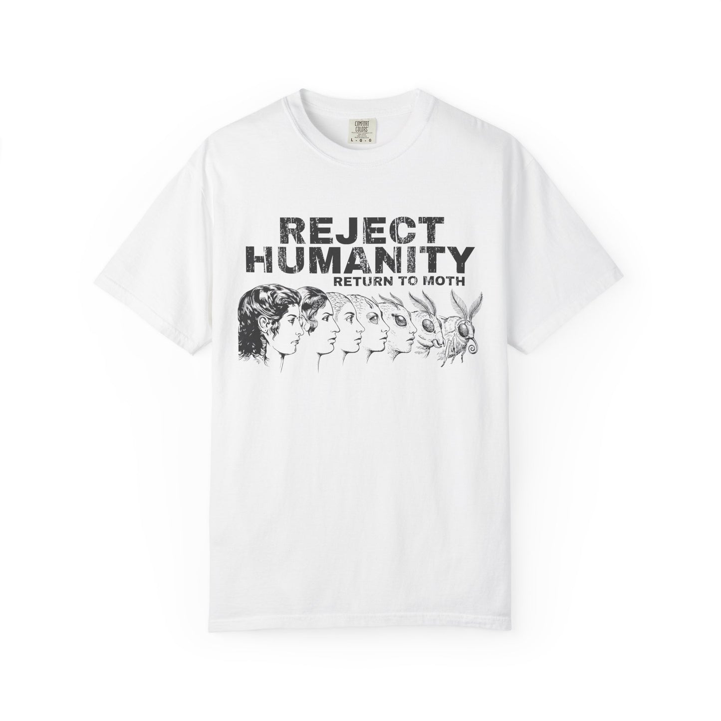 White version of funny moth meme t-shirt with evolution design and “Return to Moth” slogan on a white background