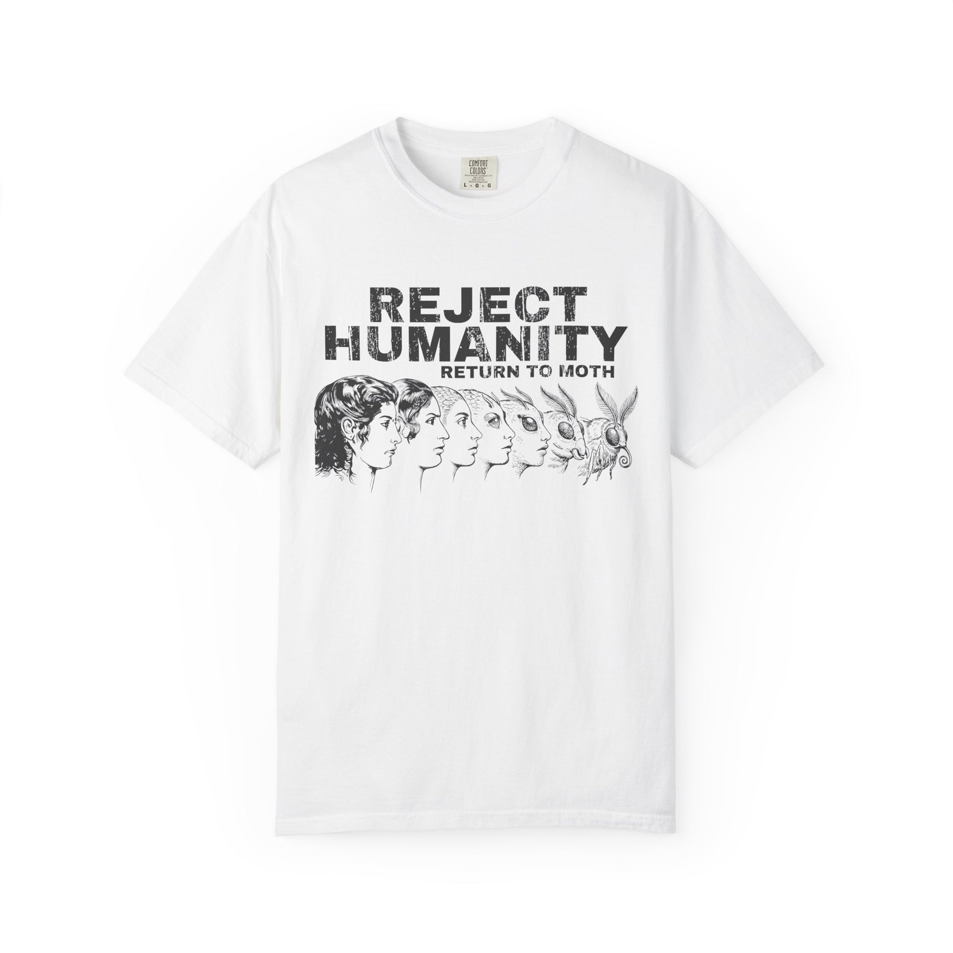 White version of funny moth meme t-shirt with evolution design and “Return to Moth” slogan on a white background