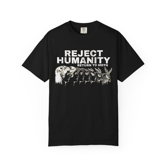Black t-shirt with “Reject Humanity Return to Moth” funny moth meme design featuring evolution graphic turning into moth on a white background