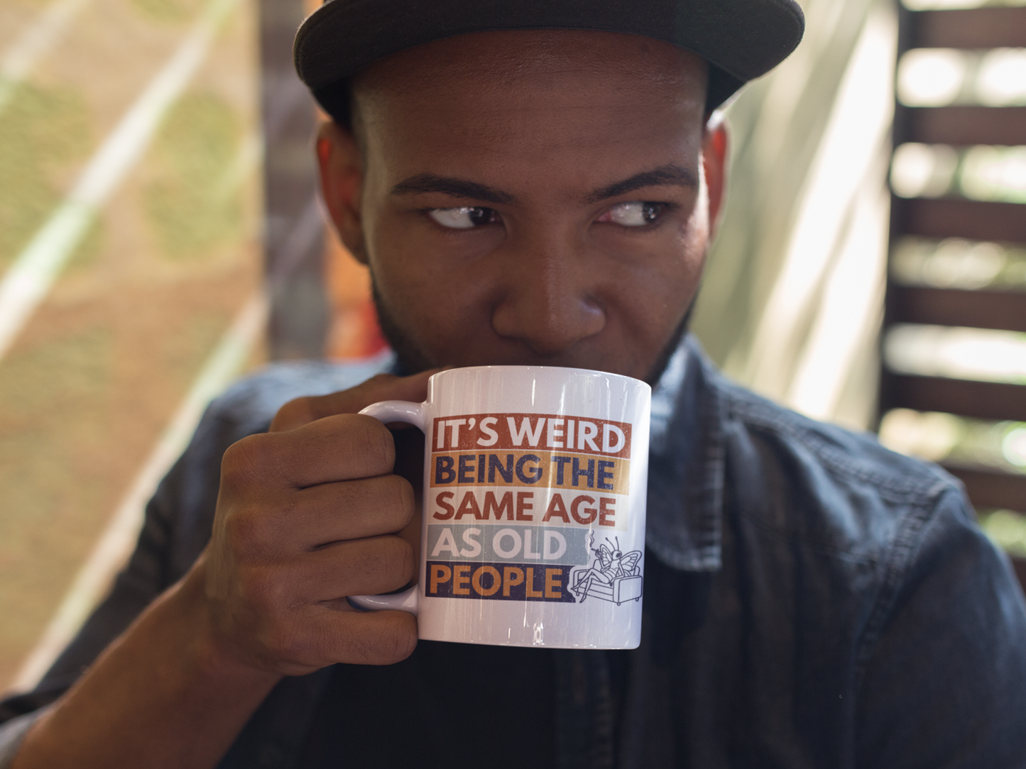 man drinking coffee from funny sarcastic aging mug butterfly design old people humor