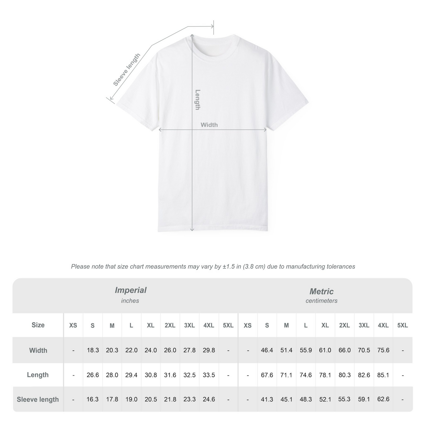 unisex t-shirt sizing chart with width, length, and sleeve measurements in inches and centimeters
