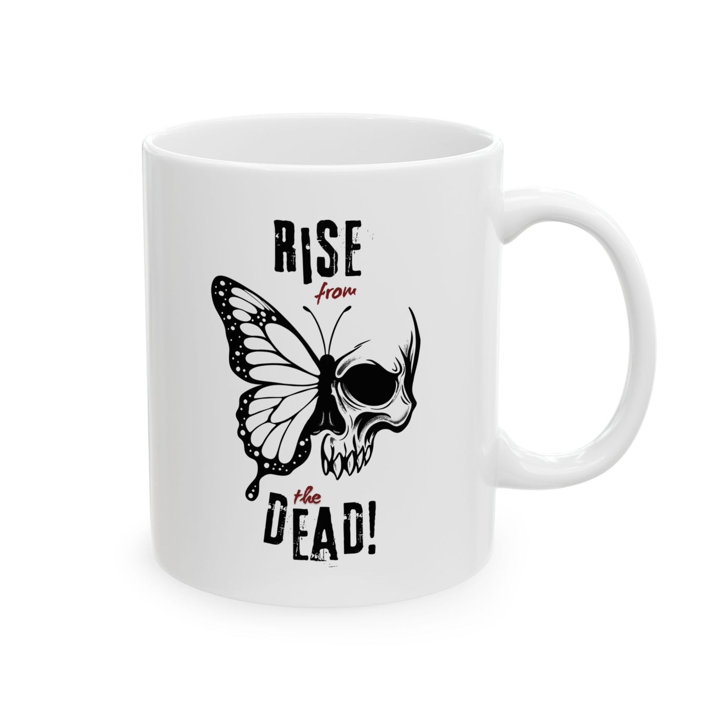 White mug with a skull-butterfly design and 'Rise from the Dead!' text on a white background
