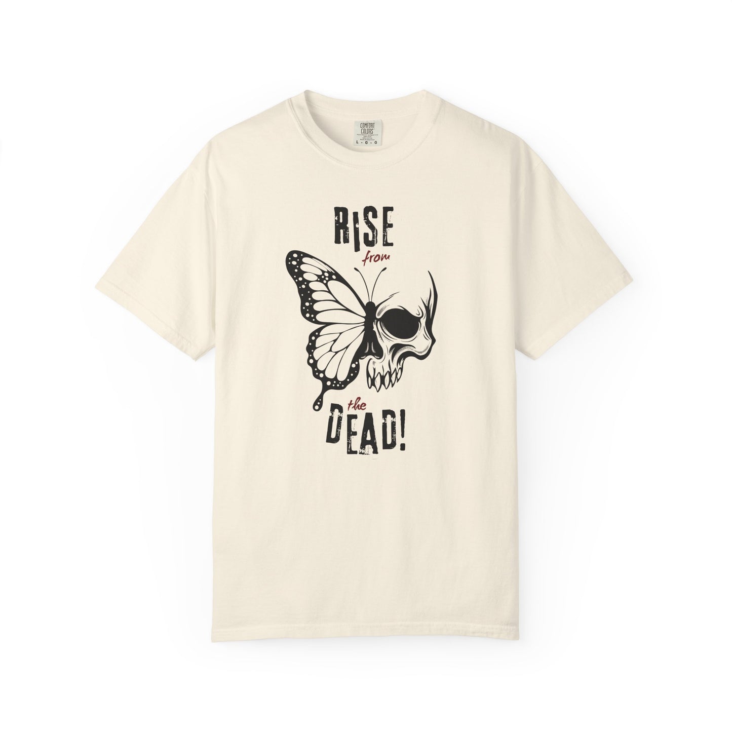 Cream t-shirt with skull-butterfly graphic reading “Rise from the Dead” on a white background
