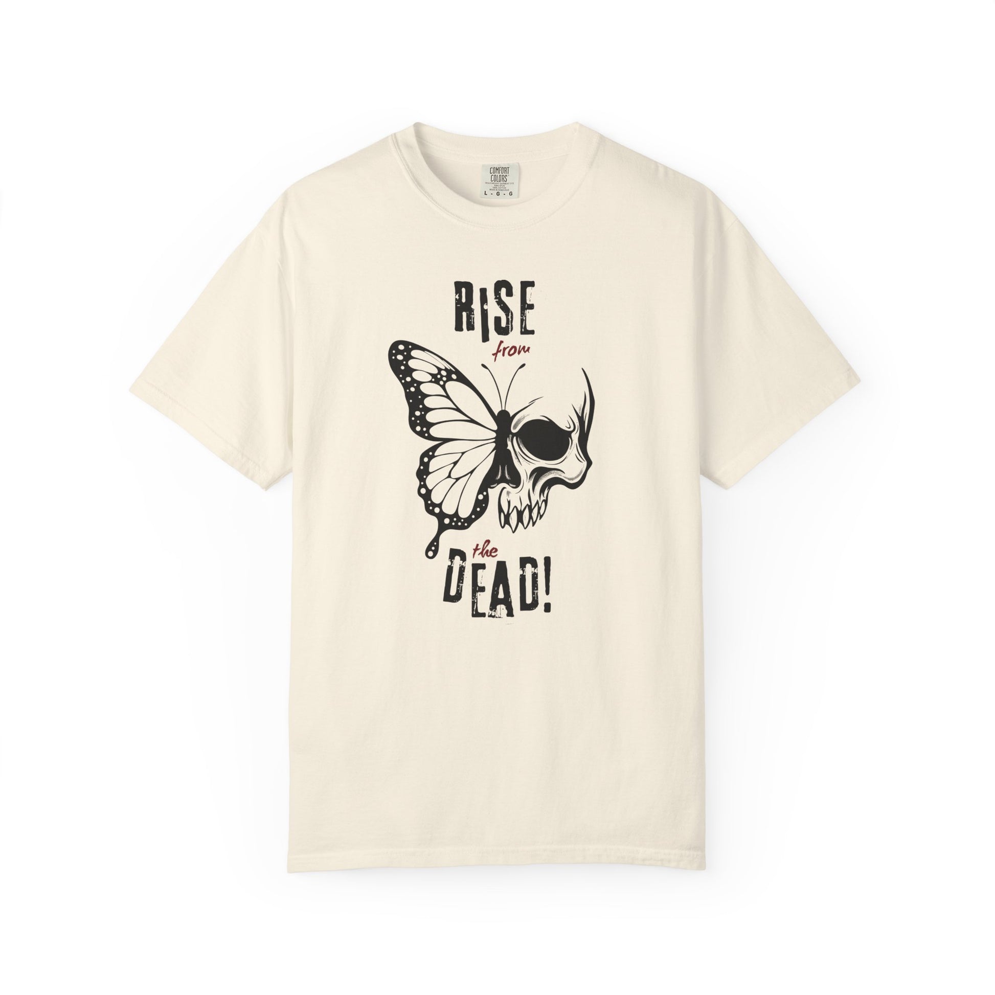 Cream t-shirt with skull-butterfly graphic reading “Rise from the Dead” on a white background