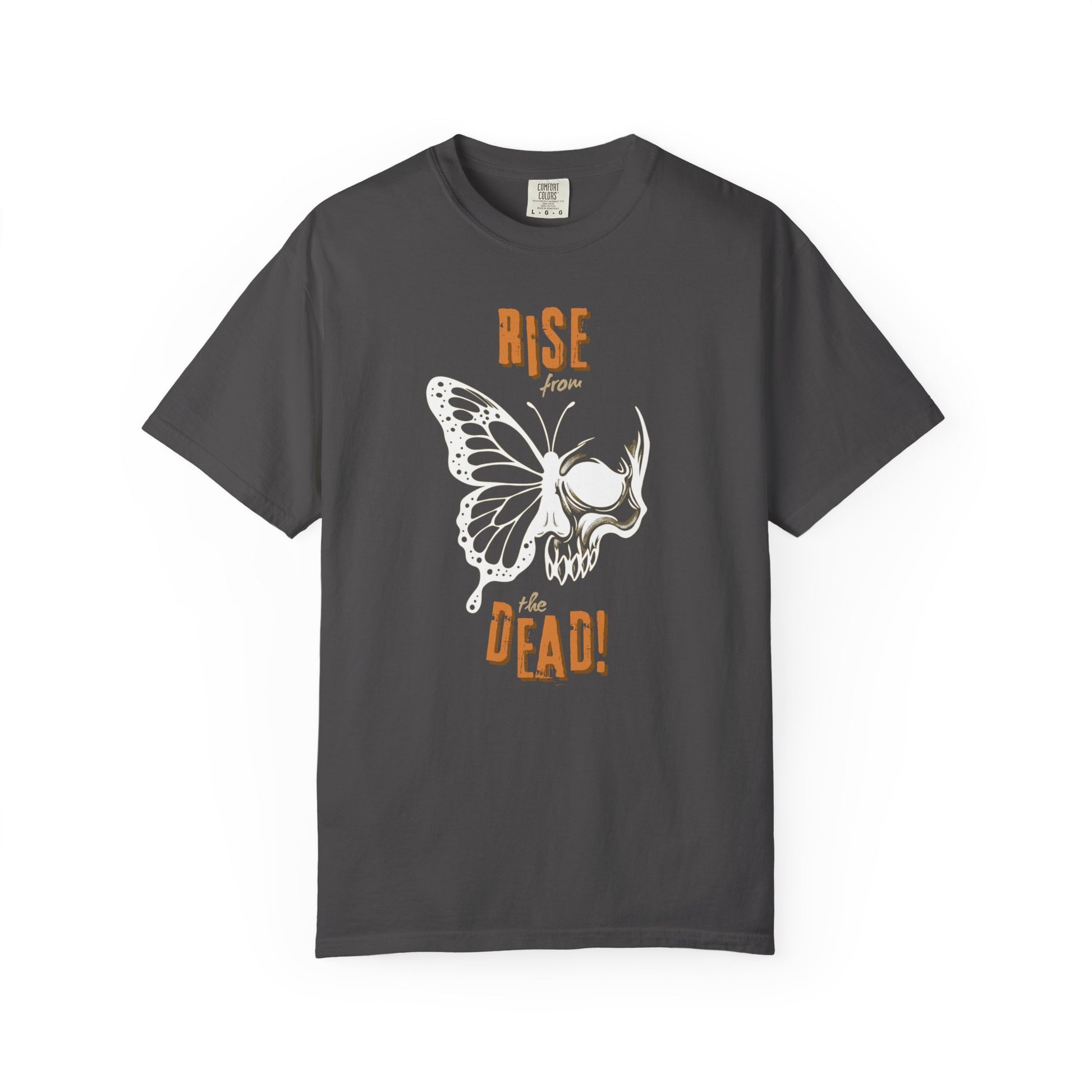 Gray t-shirt with skull-butterfly graphic reading “Rise from the Dead” on a white background