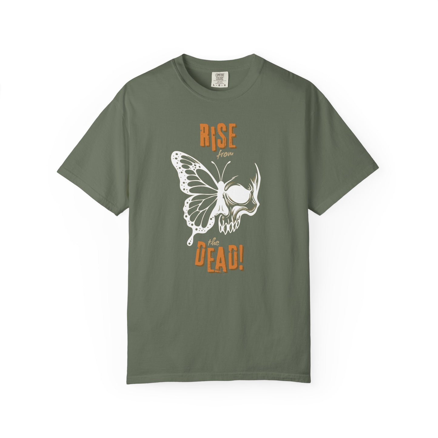 Green t-shirt with skull-butterfly graphic reading “Rise from the Dead” on a white background