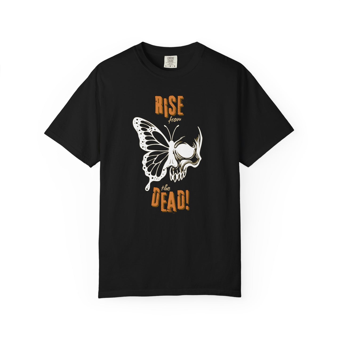 Black t-shirt with skull-butterfly graphic reading “Rise from the Dead” on a white background