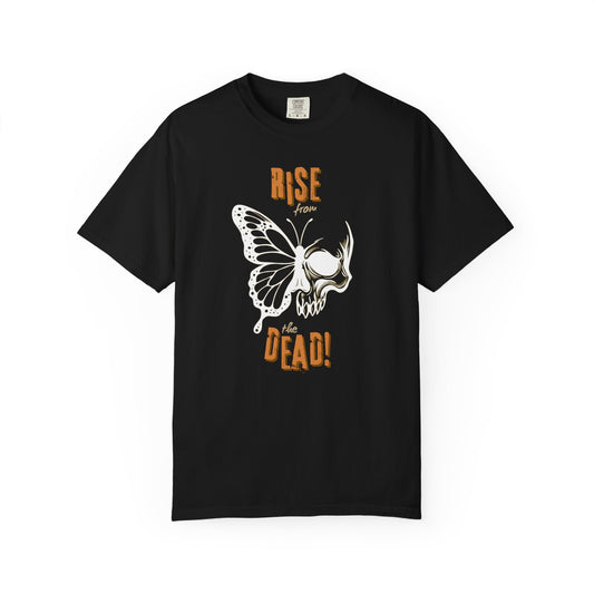 Black t-shirt with skull-butterfly graphic reading “Rise from the Dead” on a white background