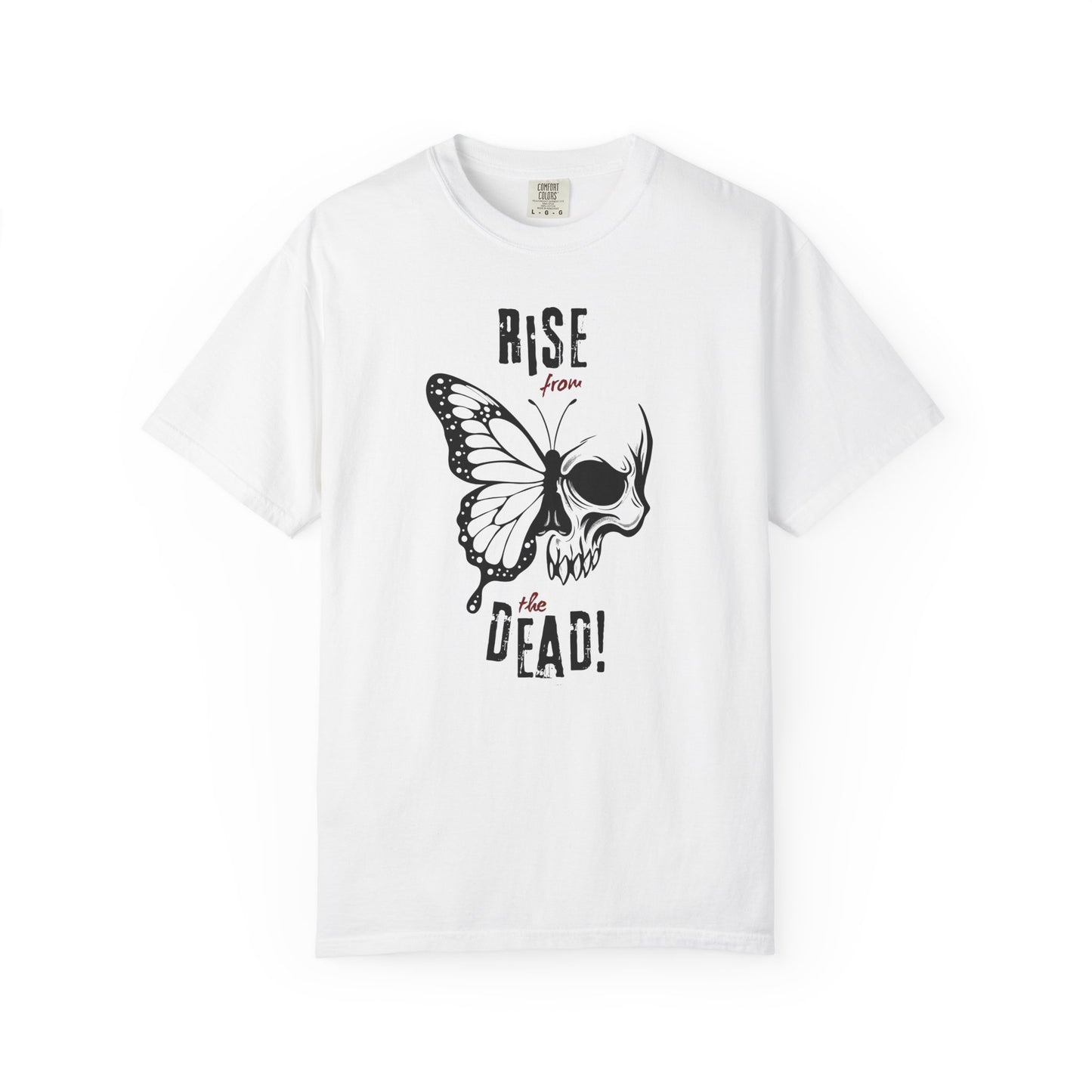 White t-shirt with skull-butterfly graphic reading “Rise from the Dead” on a white background