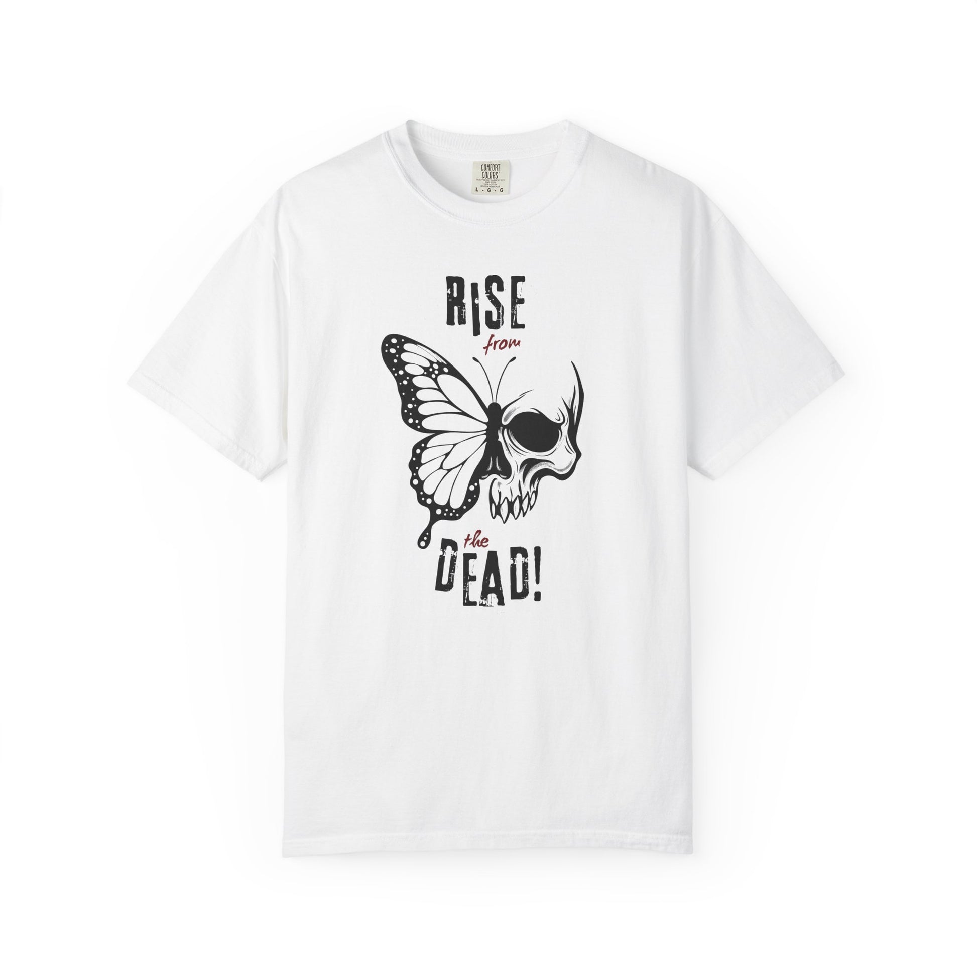 White t-shirt with skull-butterfly graphic reading “Rise from the Dead” on a white background