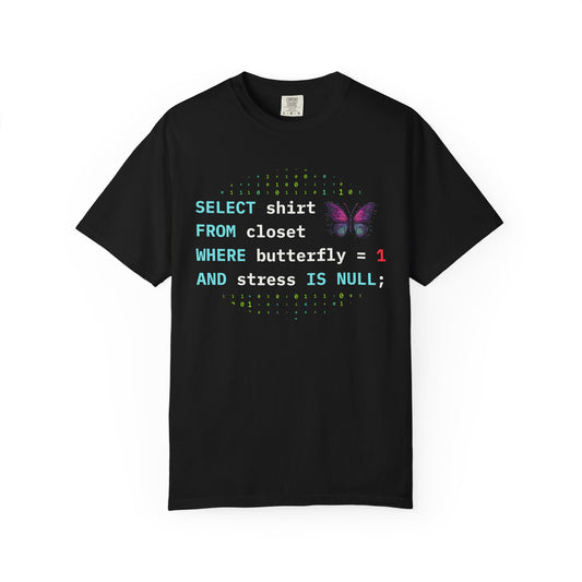 stress free SQL Query programmer t-shirt black with pixel butterfly design