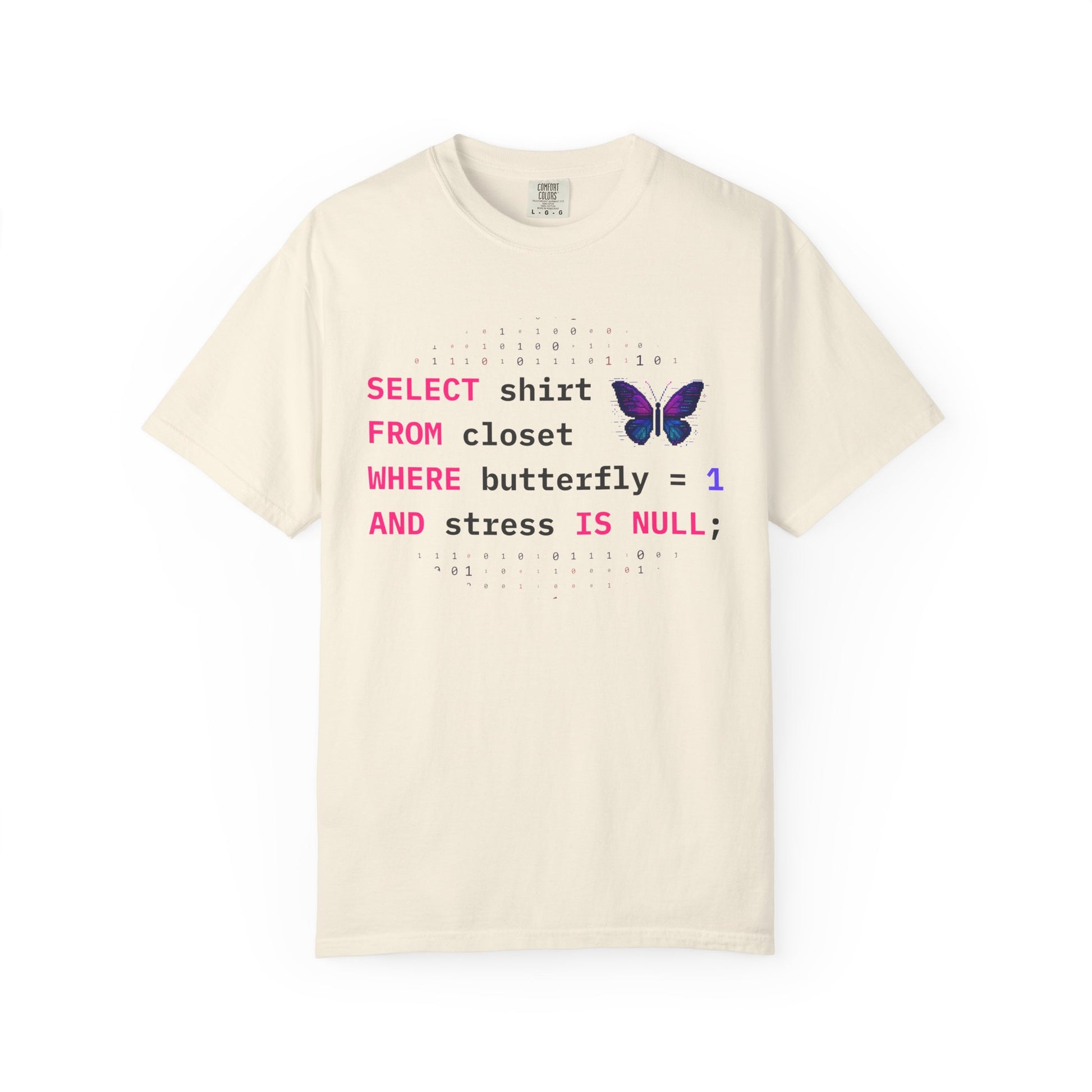 pixel butterfly programmer cream shirt with SQL query design