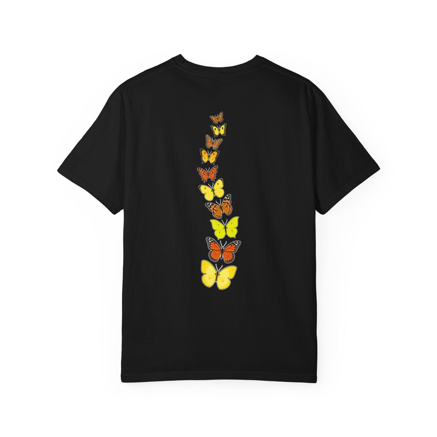 Back view of black butterfly t-shirt with cascading yellow and orange butterfly artwork inspired by summer gardens and nature.