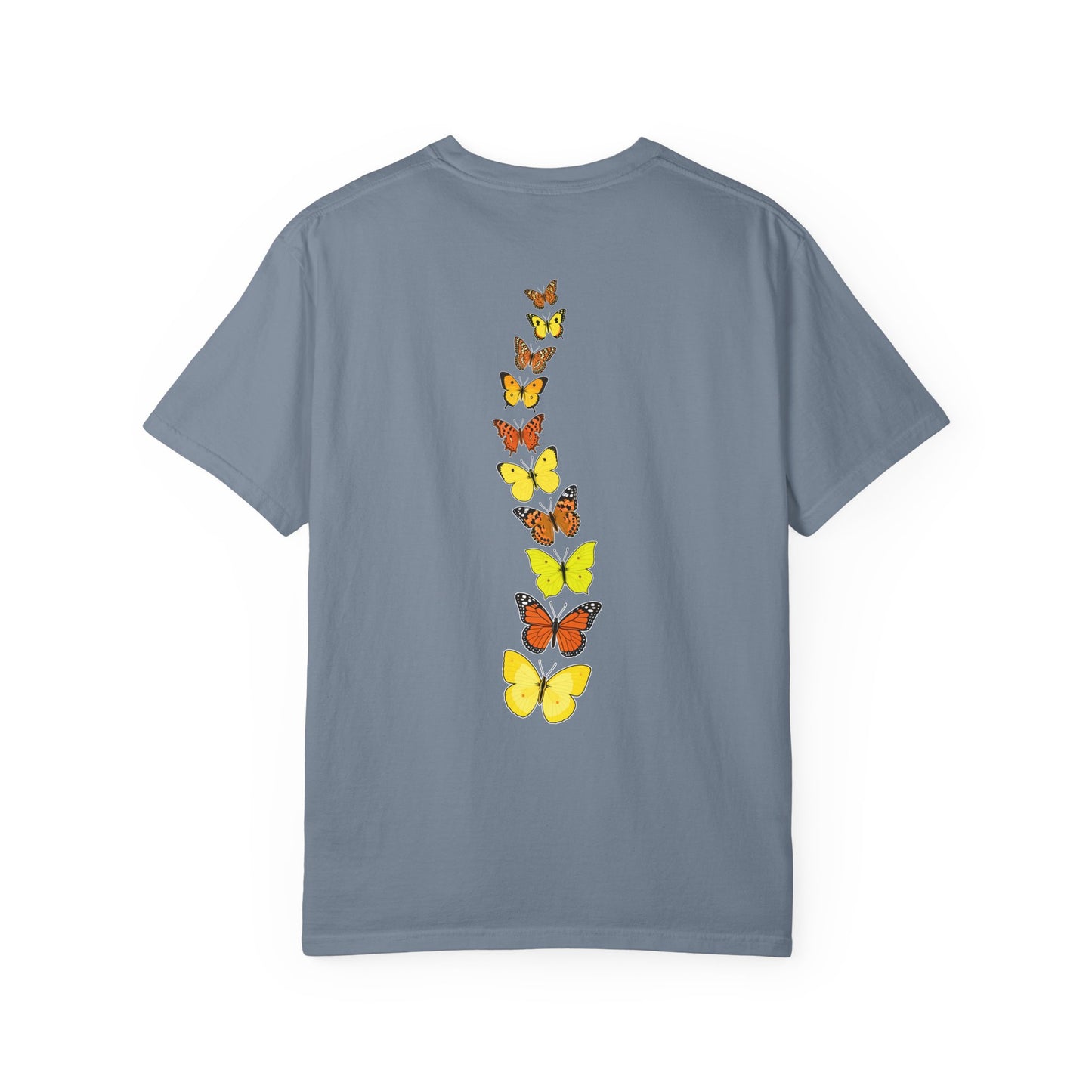 Back view of blue butterfly t-shirt with cascading yellow and orange butterfly artwork inspired by summer gardens and nature.