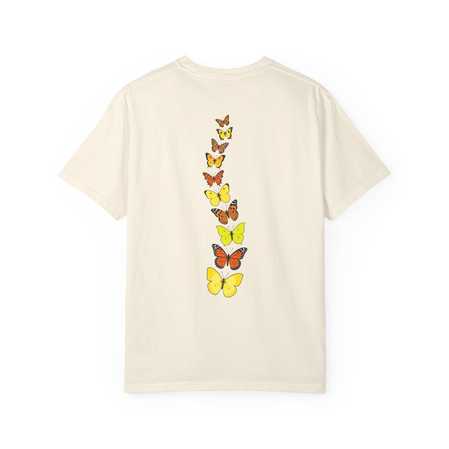 Back view of cream butterfly t-shirt with cascading yellow and orange butterfly artwork inspired by summer gardens and nature.