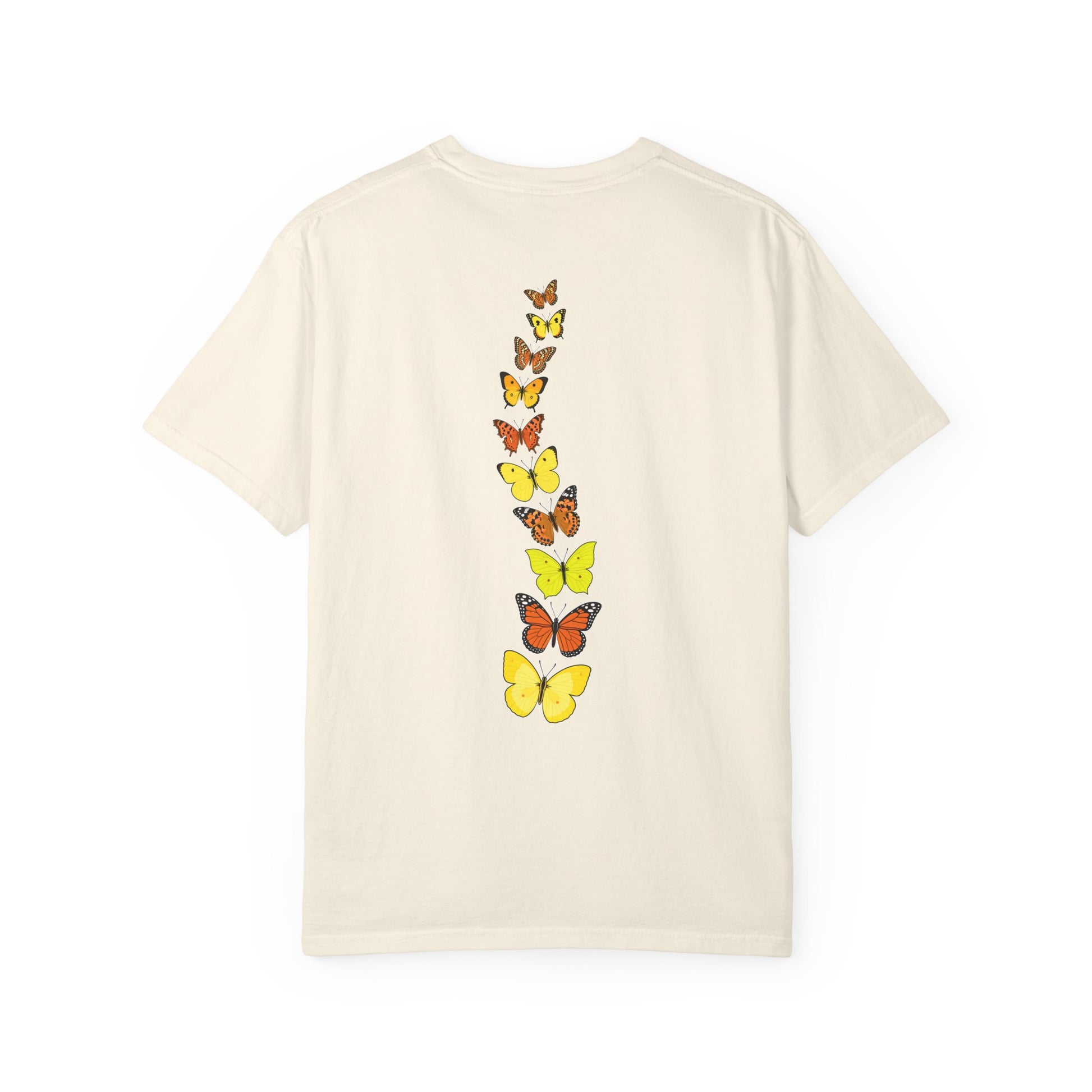 Back view of cream butterfly t-shirt with cascading yellow and orange butterfly artwork inspired by summer gardens and nature.