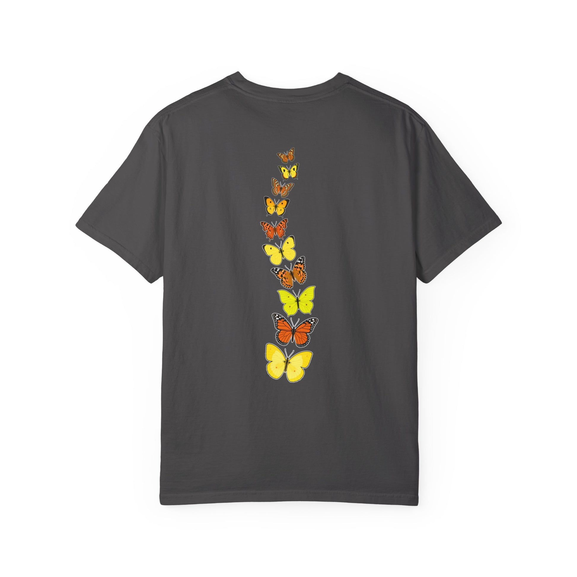 Gray nature-inspired t-shirt featuring a vertical arrangement of yellow and orange butterflies on the back.