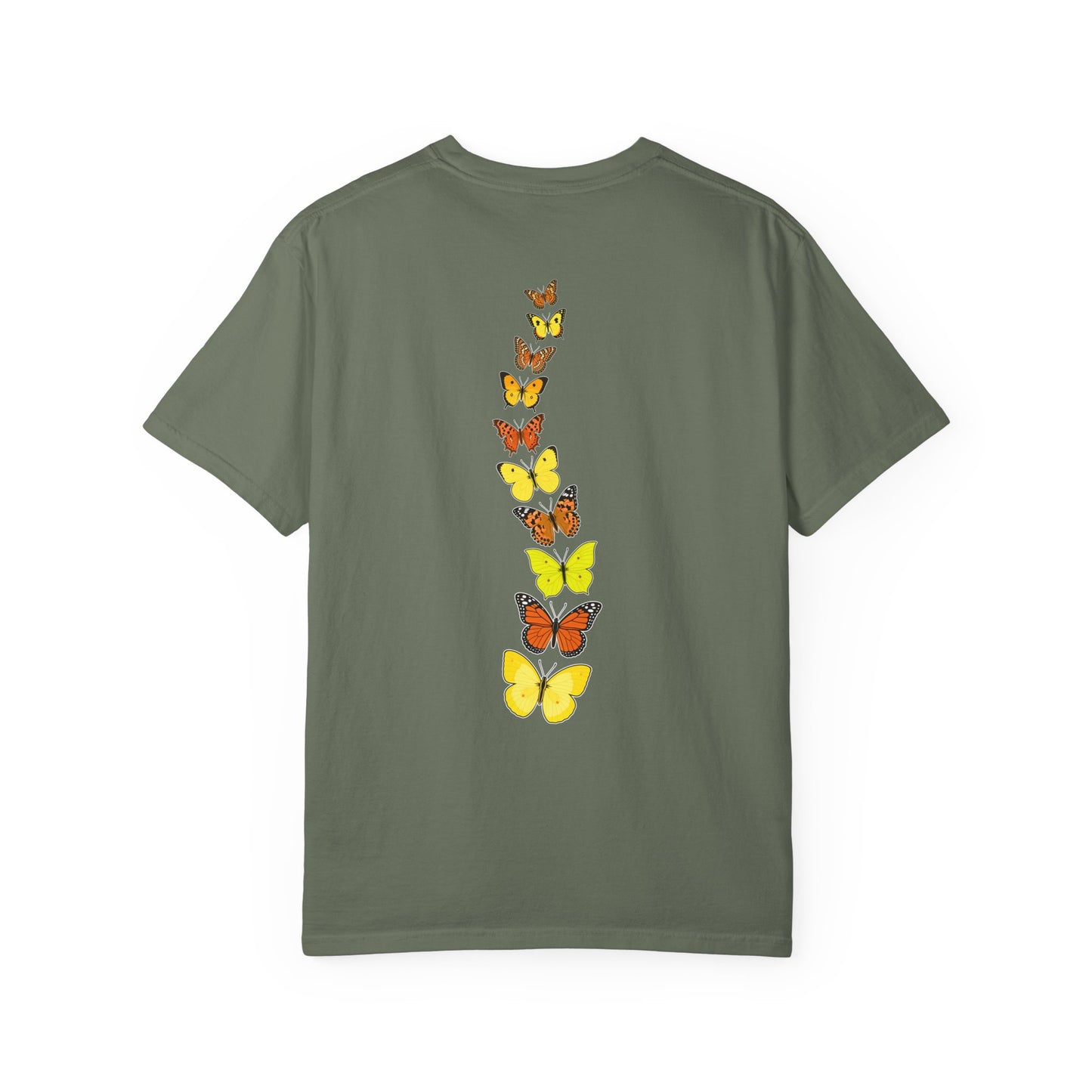 Green nature-inspired t-shirt featuring a vertical arrangement of yellow and orange butterflies on the back.