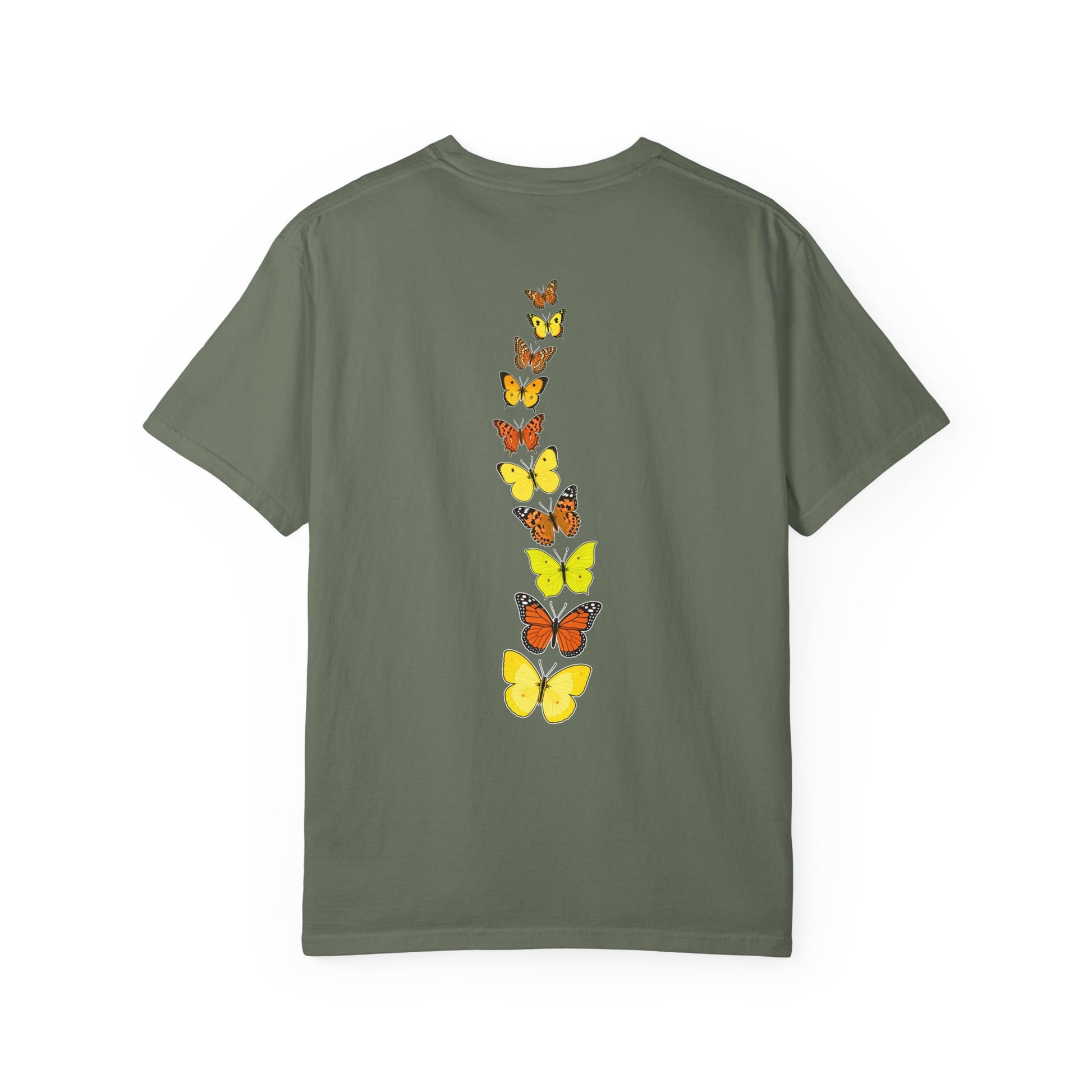 Green nature-inspired t-shirt featuring a vertical arrangement of yellow and orange butterflies on the back.