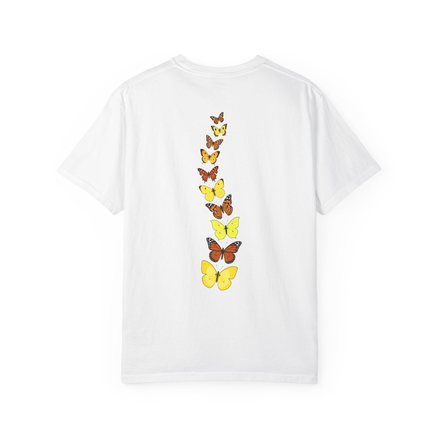 White nature-inspired t-shirt featuring a vertical arrangement of yellow and orange butterflies on the back.