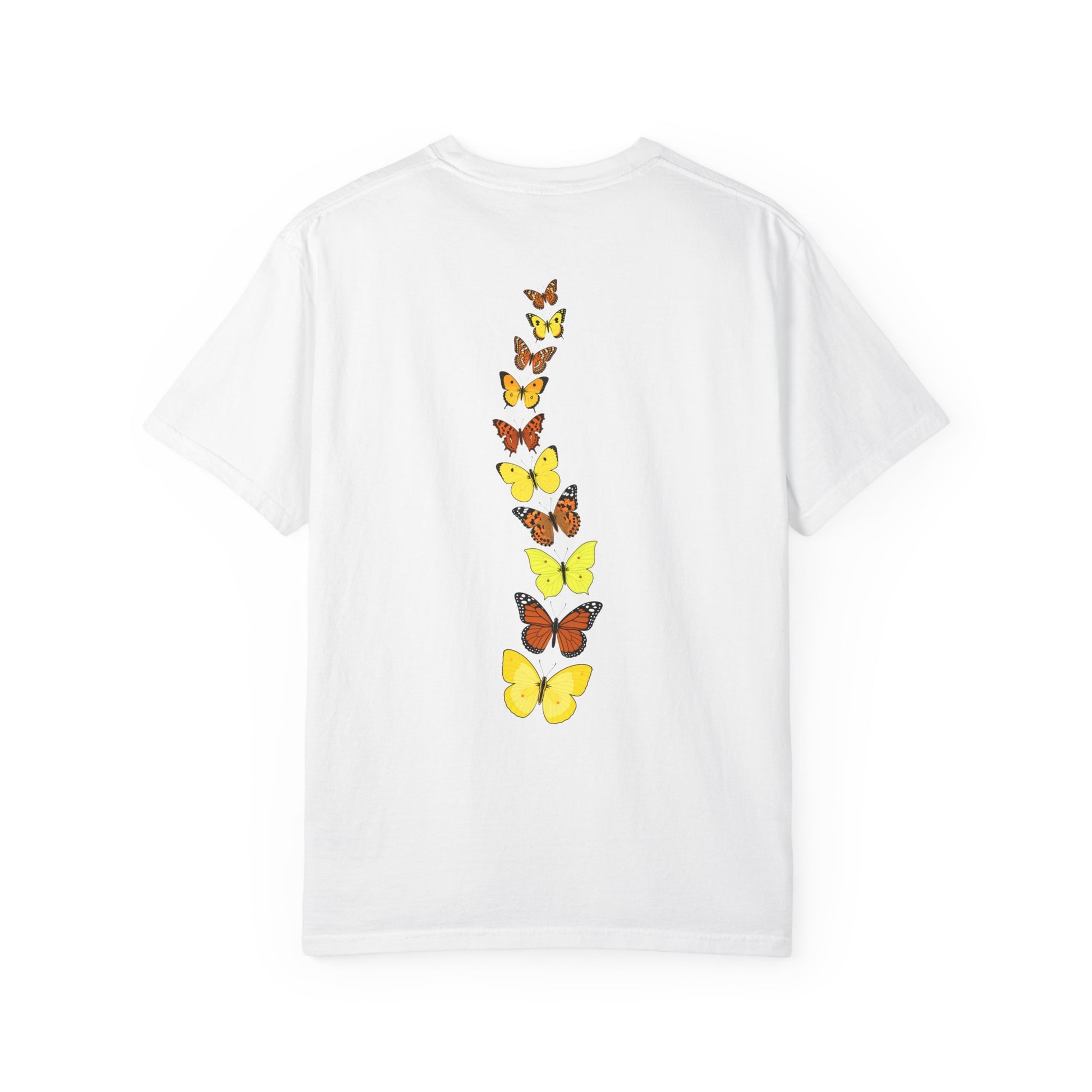 White nature-inspired t-shirt featuring a vertical arrangement of yellow and orange butterflies on the back.