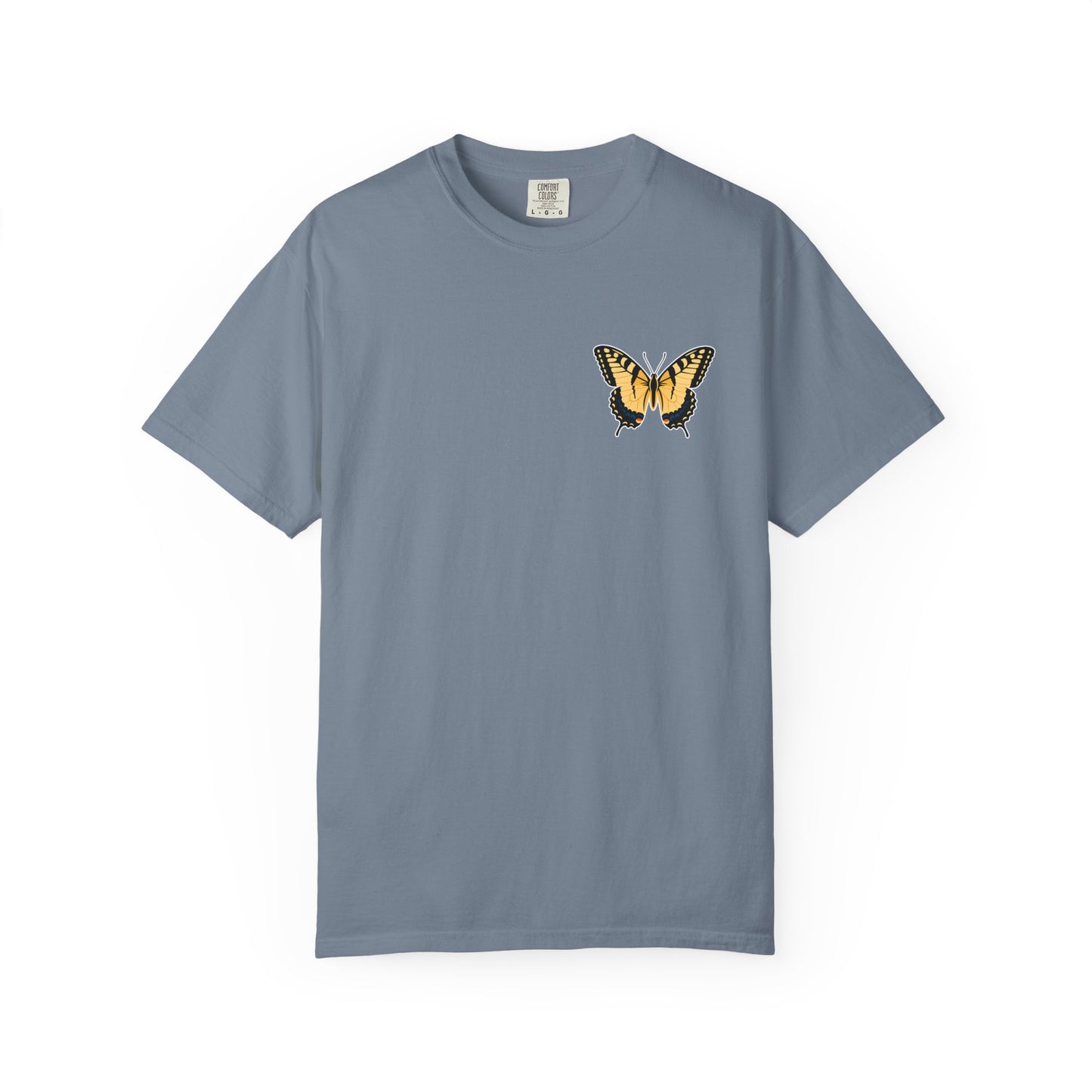 Blue garment-dyed butterfly t-shirt featuring a yellow and orange butterfly chest graphic for nature lovers and summer fashion.