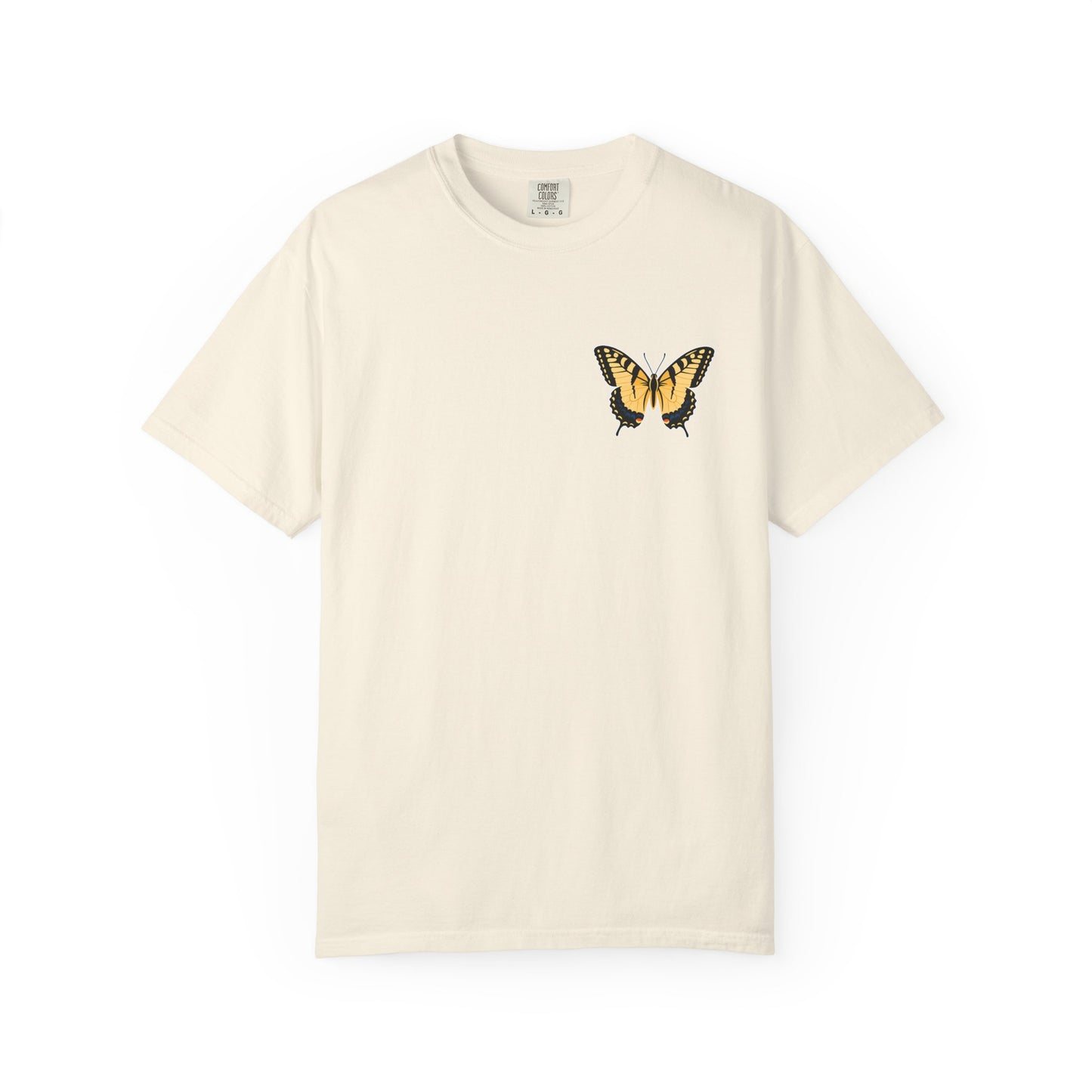 Cream garment-dyed butterfly t-shirt featuring a yellow and orange butterfly chest graphic for nature lovers and summer fashion.