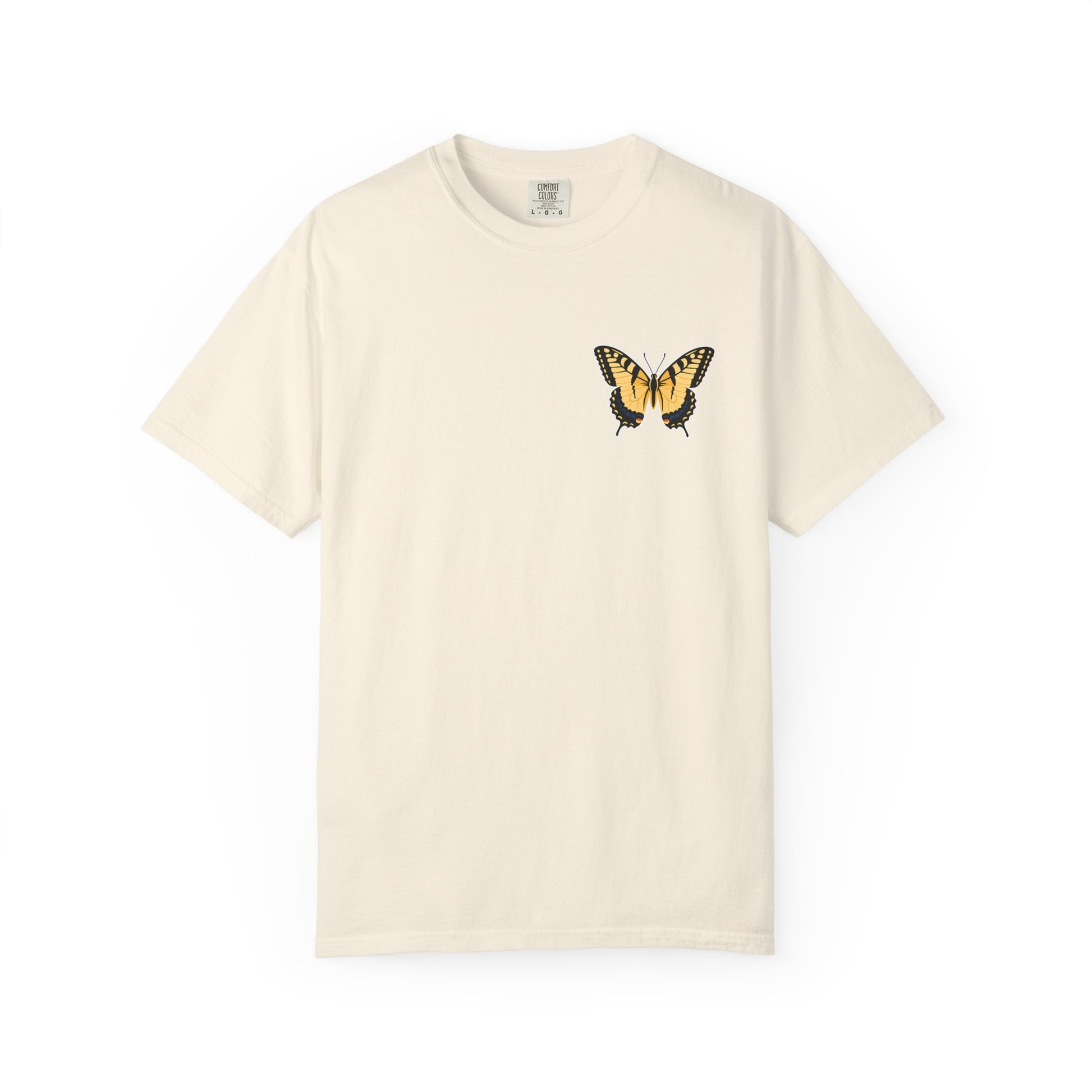 Cream garment-dyed butterfly t-shirt featuring a yellow and orange butterfly chest graphic for nature lovers and summer fashion.