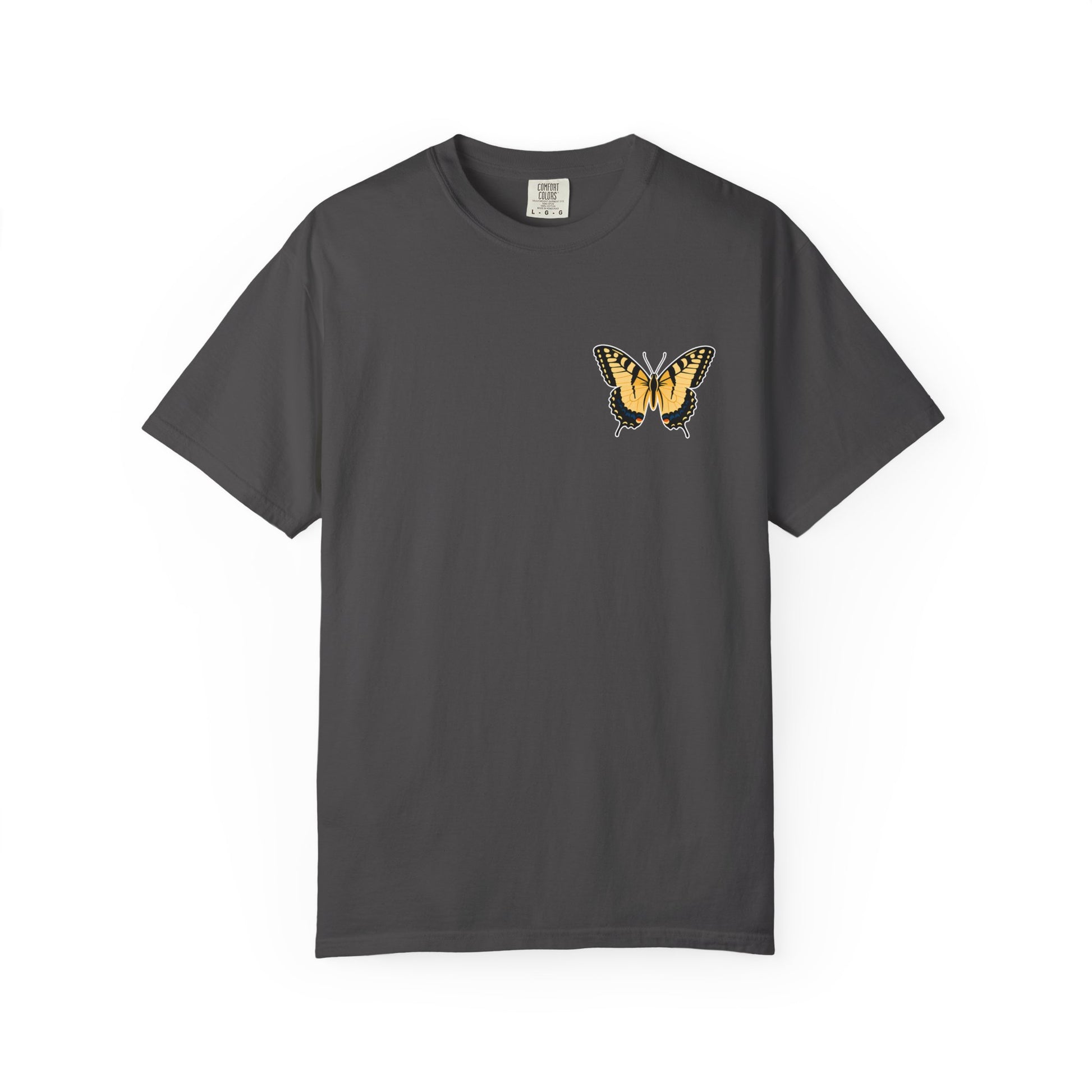 Gray butterfly graphic t-shirt with yellow and orange butterfly chest design for butterfly lovers and nature enthusiasts.