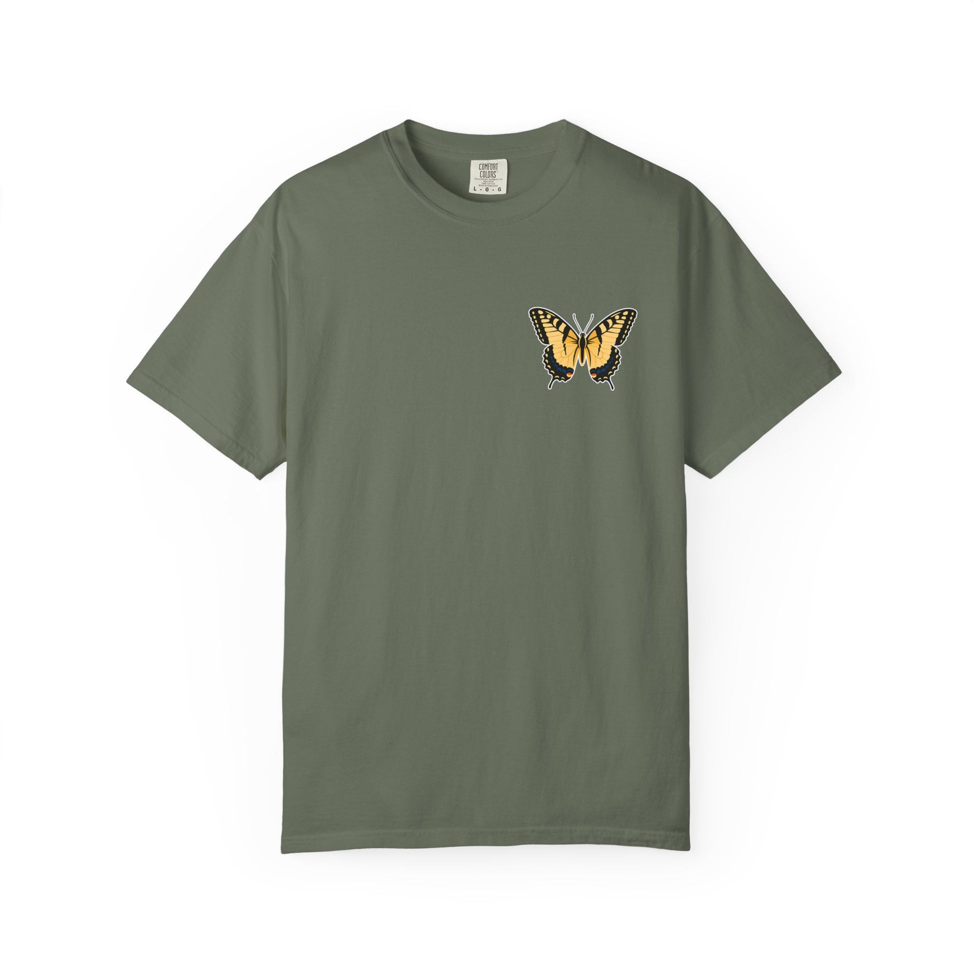 Green butterfly graphic t-shirt with yellow and orange butterfly chest design for butterfly lovers and nature enthusiasts.