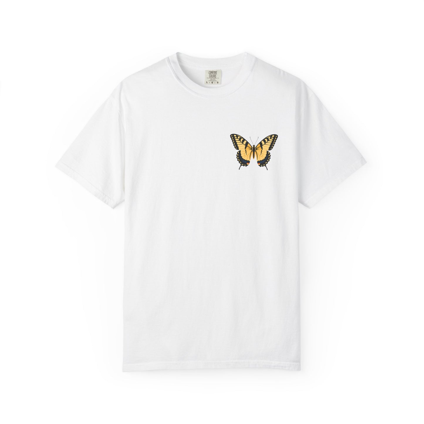 White butterfly graphic t-shirt with yellow and orange butterfly chest design for butterfly lovers and nature enthusiasts.