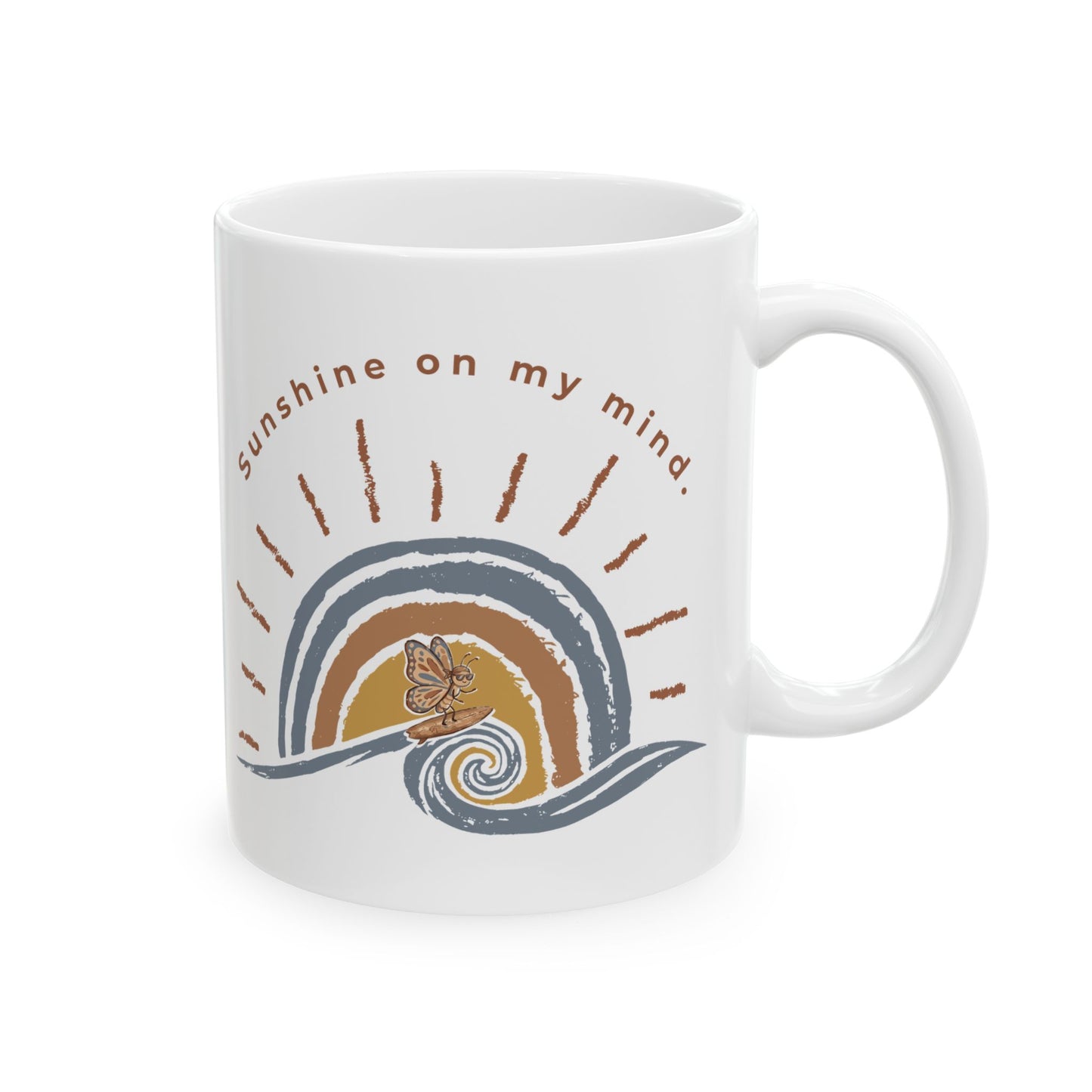 White Sunshine On My Mind butterfly ceramic 11oz mug with retro wave, sunset, and butterfly design on a white background