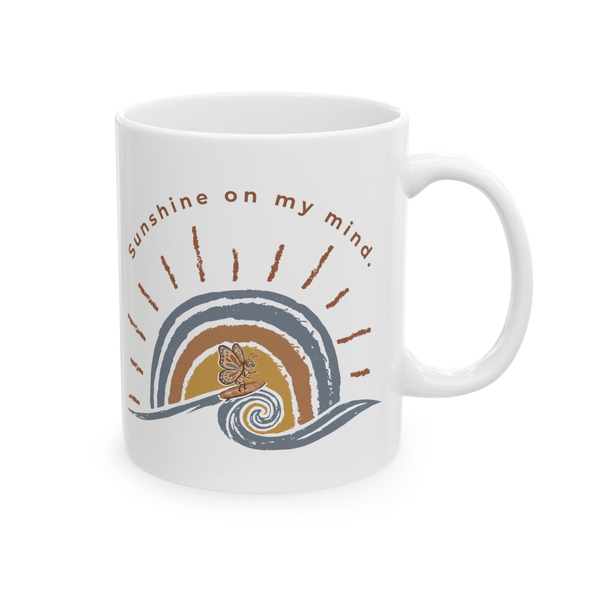 White Sunshine On My Mind butterfly ceramic 11oz mug with retro wave, sunset, and butterfly design on a white background