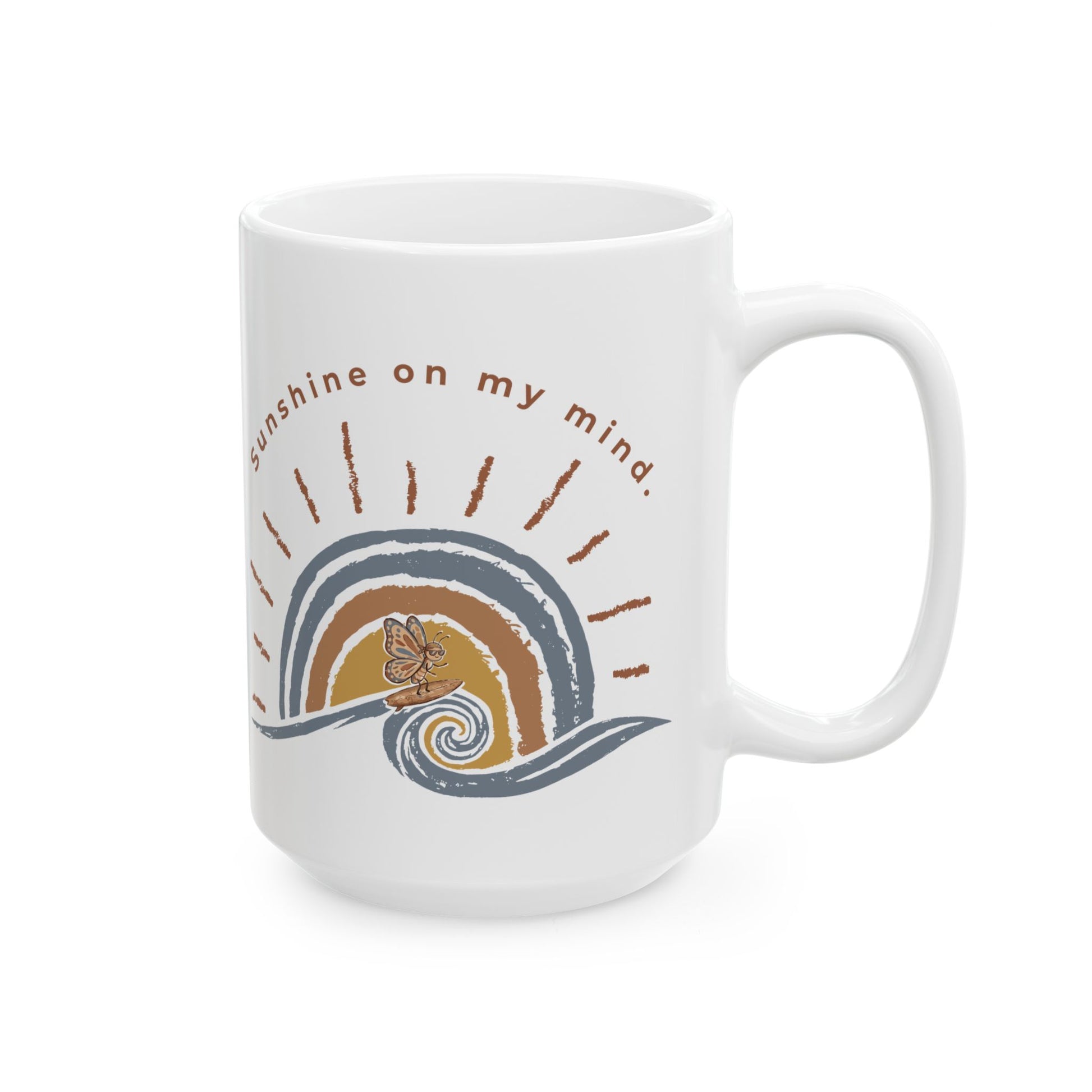 Side view of Sunshine On My Mind butterfly 15oz mug with curved text and retro butterfly wave artwork on a white background