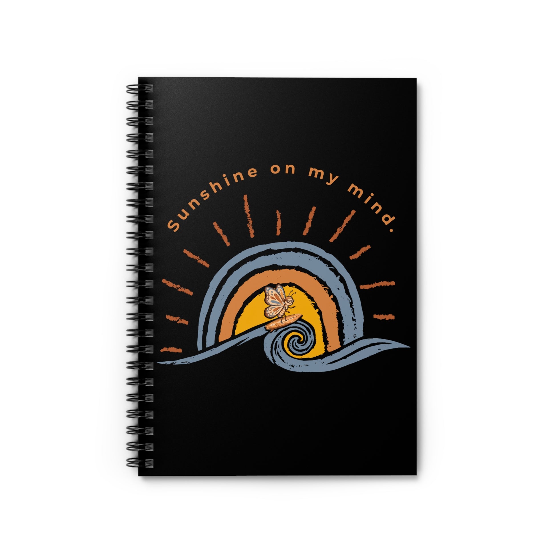 Black Sunshine On My Mind butterfly spiral notebook with retro wave, sunset, and butterfly cover design