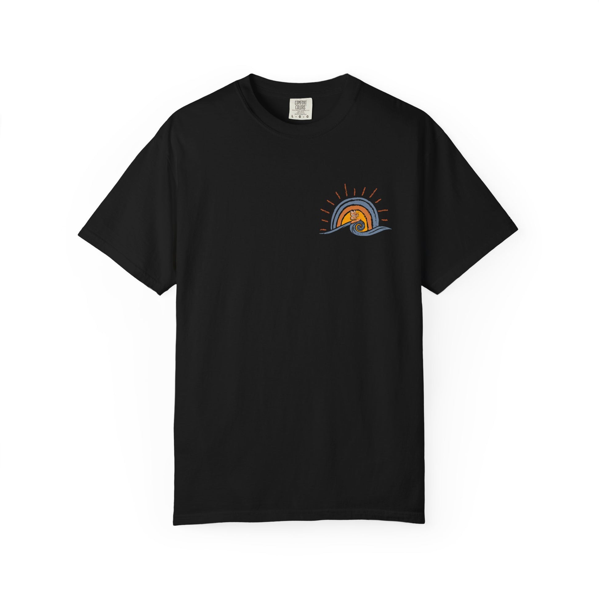 Black Sunshine On My Mind butterfly t-shirt front view with small retro butterfly wave and sunset graphic on left chest