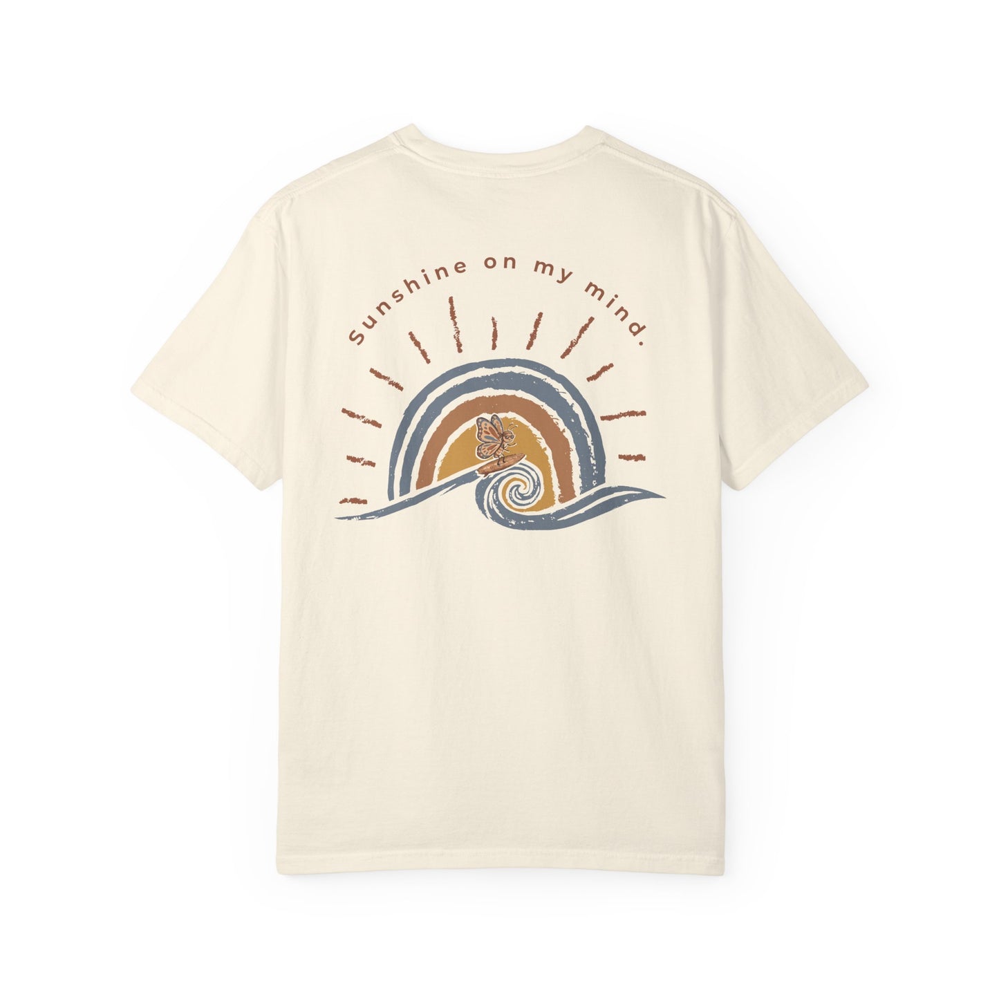 Cream Sunshine On My Mind butterfly t-shirt back view with large sunset wave butterfly design and curved text