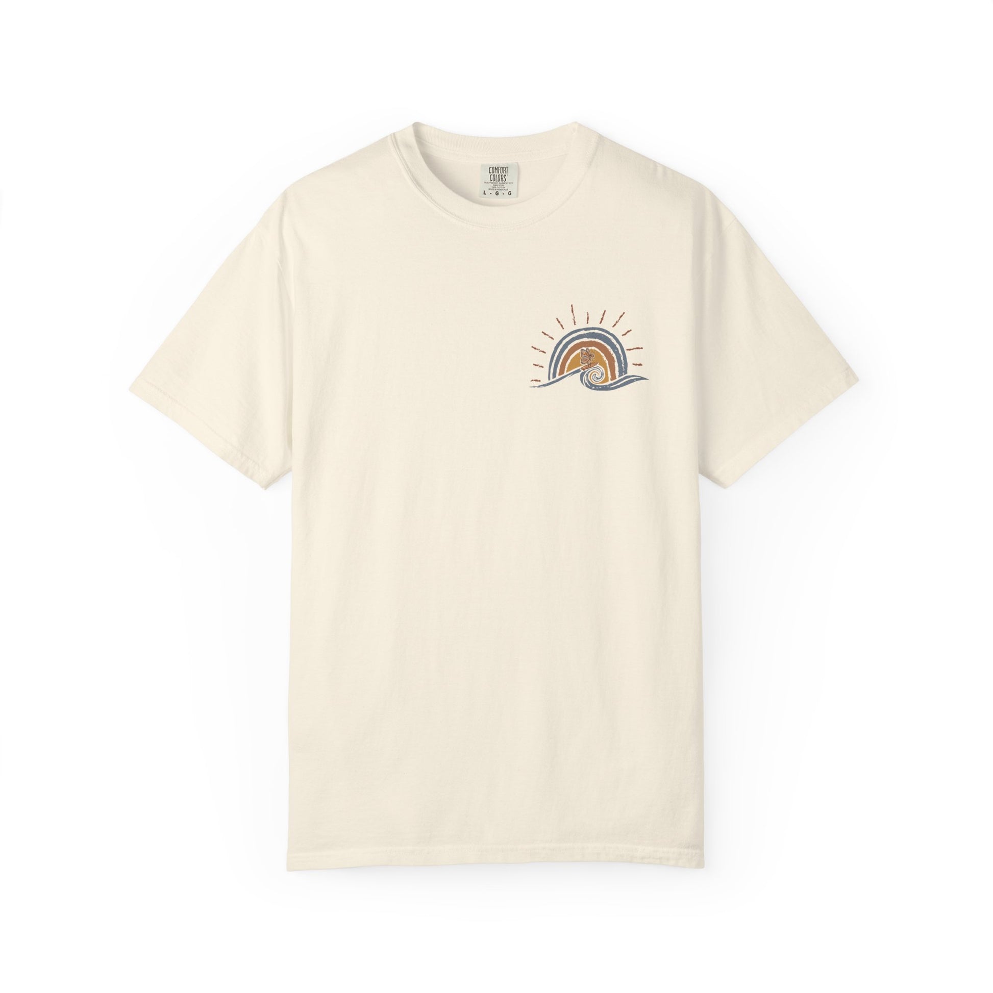 Cream Sunshine On My Mind butterfly t-shirt front view with small beachy retro butterfly chest graphic on a white background