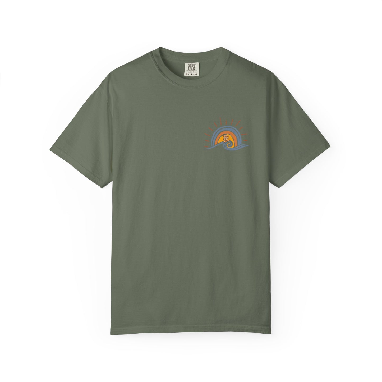 Green Sunshine On My Mind butterfly t-shirt front view with small vintage butterfly beach graphic on a white background
