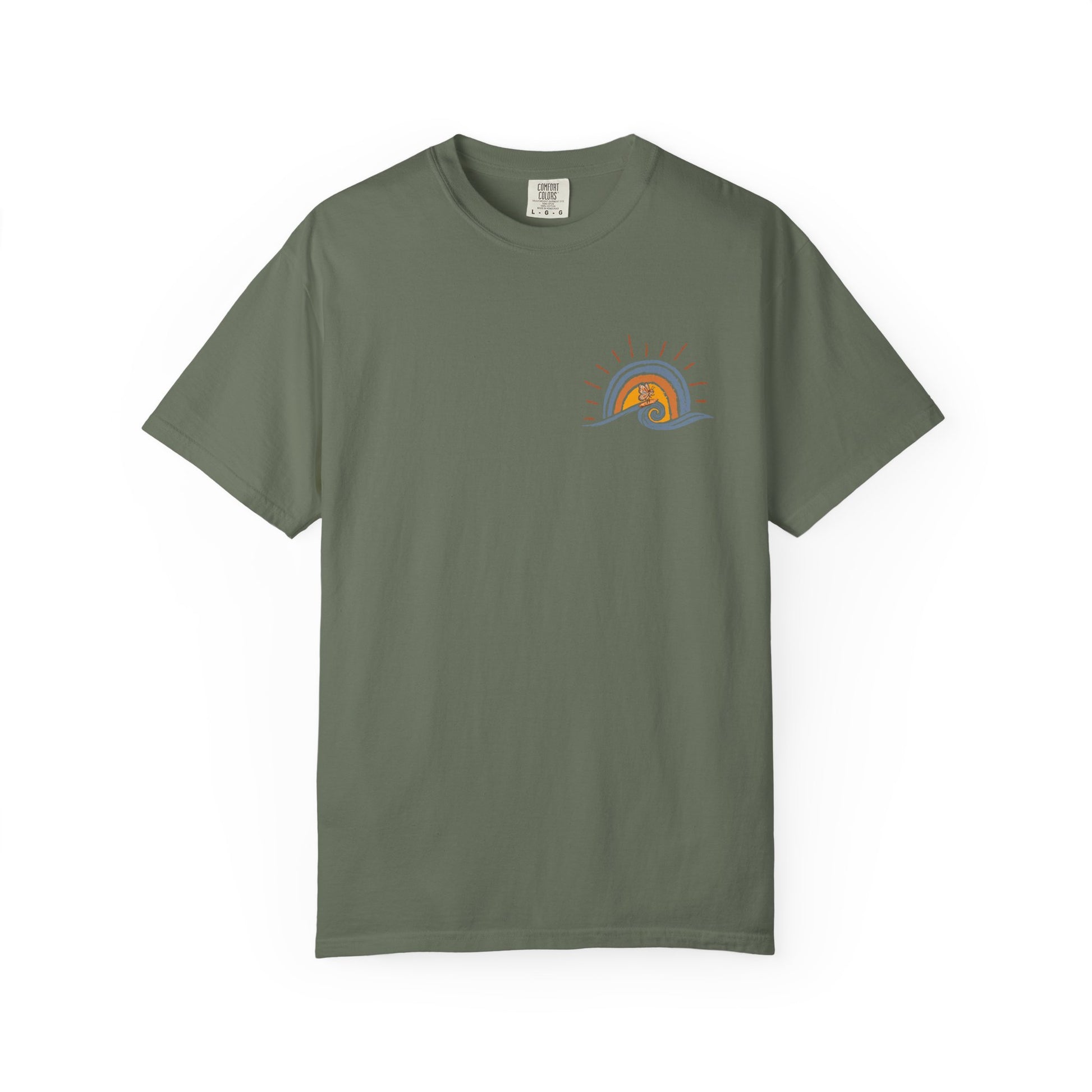 Green Sunshine On My Mind butterfly t-shirt front view with small vintage butterfly beach graphic on a white background