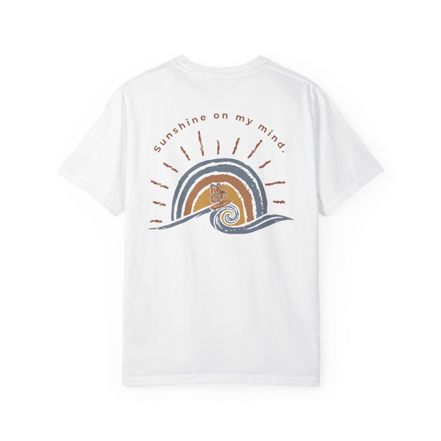 White Sunshine On My Mind butterfly t-shirt back view with large retro butterfly wave sunset graphic on a white background
