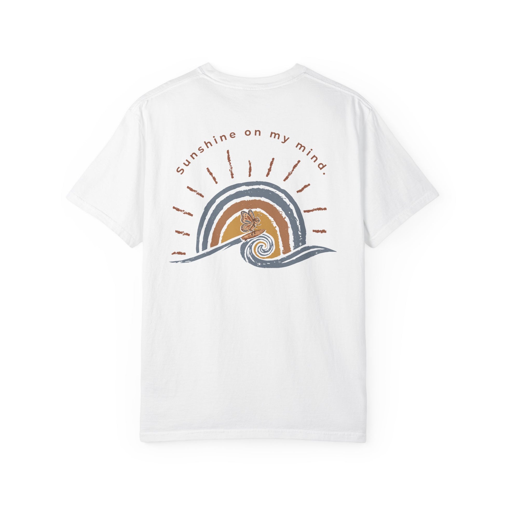 White Sunshine On My Mind butterfly t-shirt back view with large retro butterfly wave sunset graphic on a white background