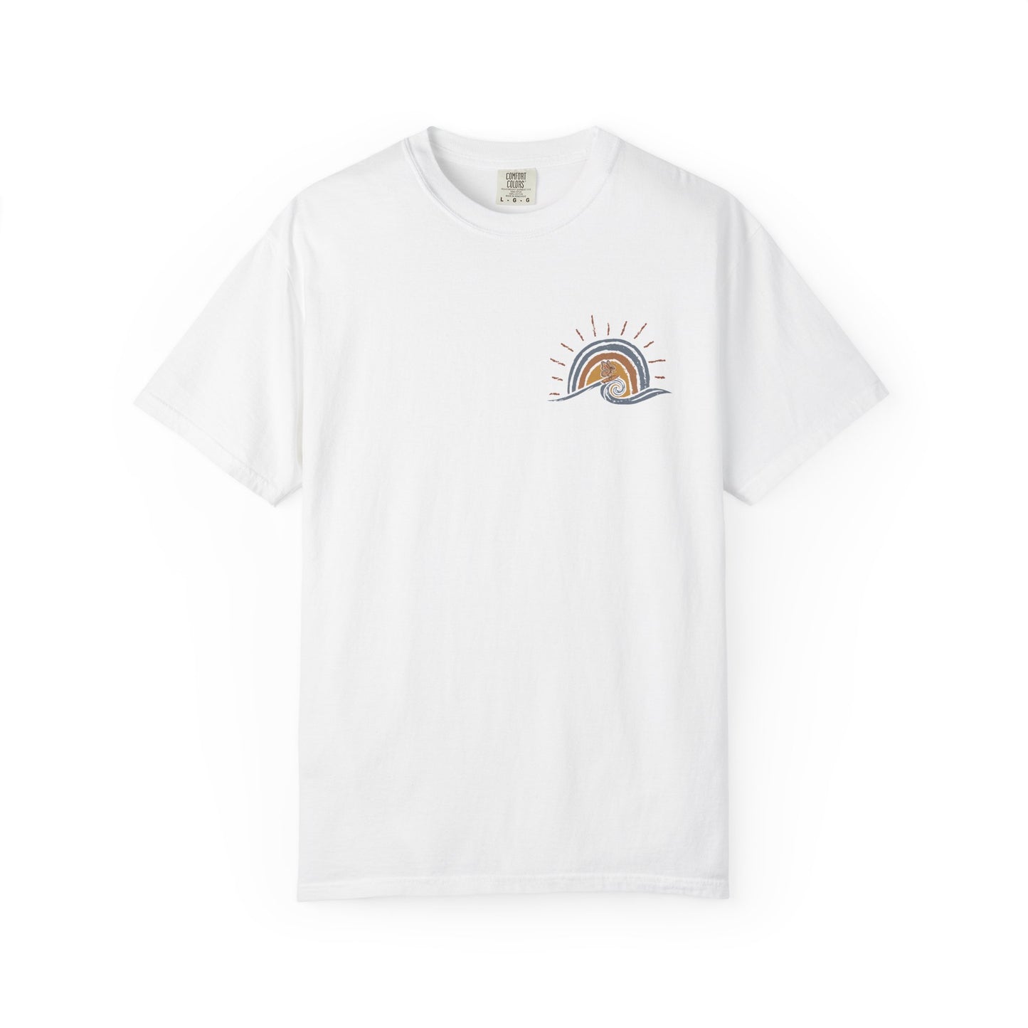 White Sunshine On My Mind butterfly t-shirt front view with small retro butterfly wave and sunset chest design on a white background