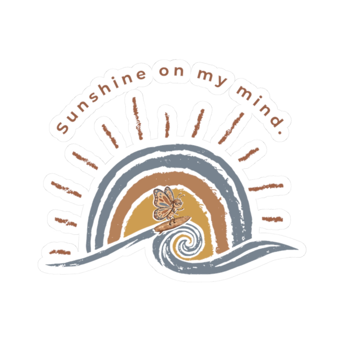 Sunshine On My Mind butterfly kiss-cut sticker with retro wave, sunset, and butterfly design
