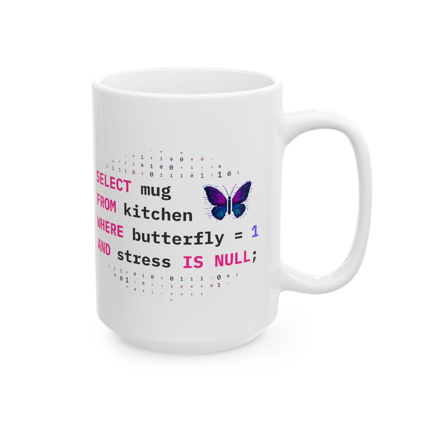 White 15oz mug with SQL-themed design featuring a butterfly and SQL coding language on a white background